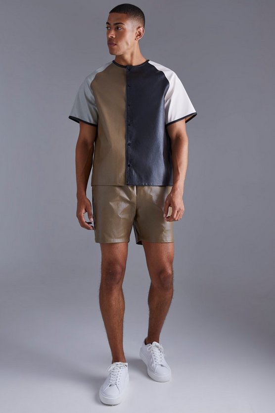 Kragenloses kurzärmliges kastiges PU-Hemd & Shorts