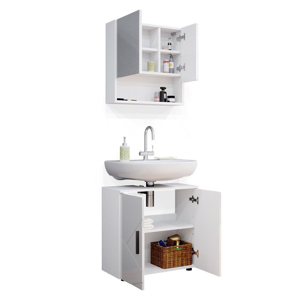 Vicco Badezimmer-Set Badmöbel Badezimmermöbel Irma Weiß Hochglanz Set 1, (3-er Set, 2-St., Spiegelschrank,Waschbeckenunterschrank,Badschrank)