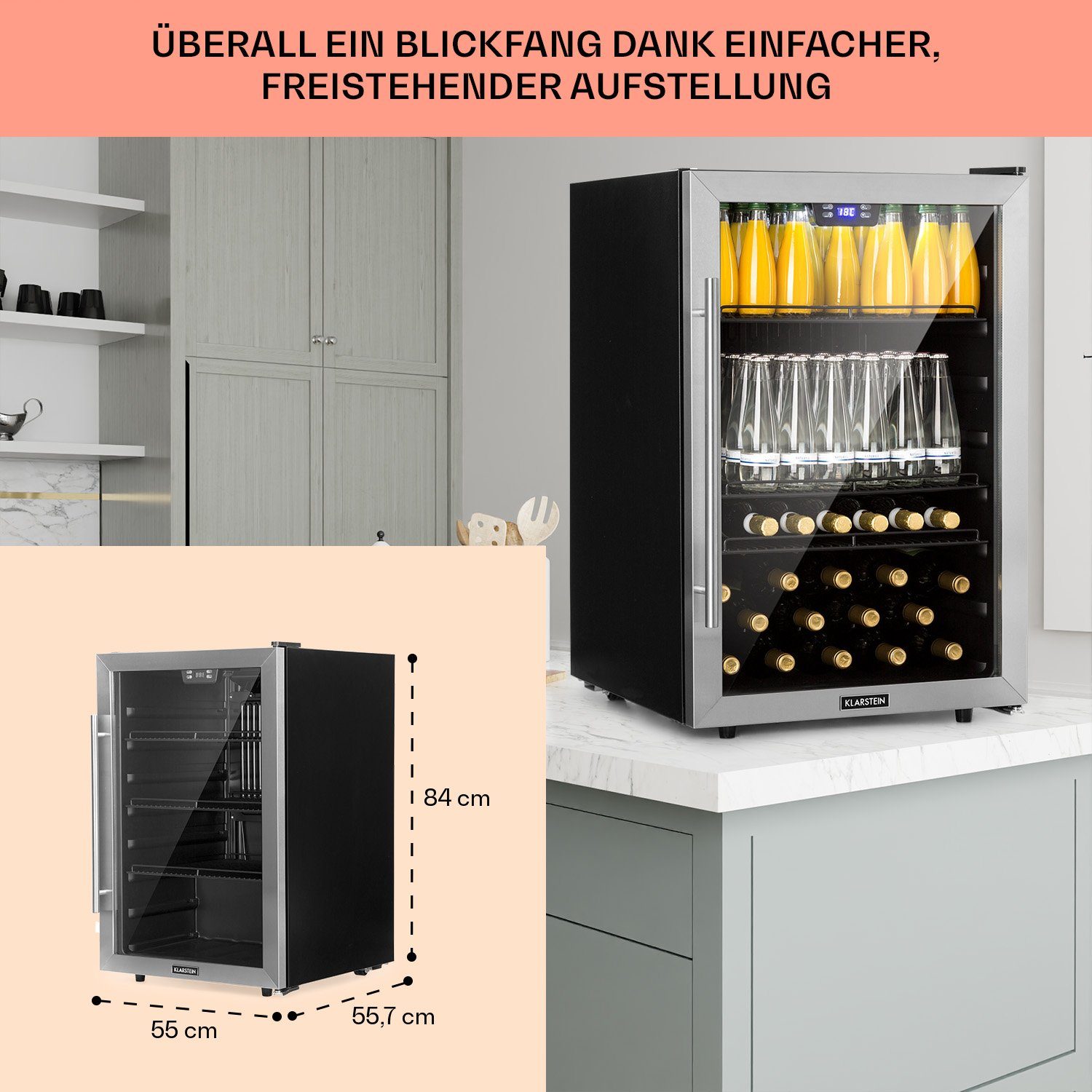 Klarstein Getränkekühlschrank HEA8-Beersafe-148 10033435A, 84 cm hoch, 55 cm breit, Bierkühlschrank Getränkekühlschrank Flaschenkühlschrank mit Glastür