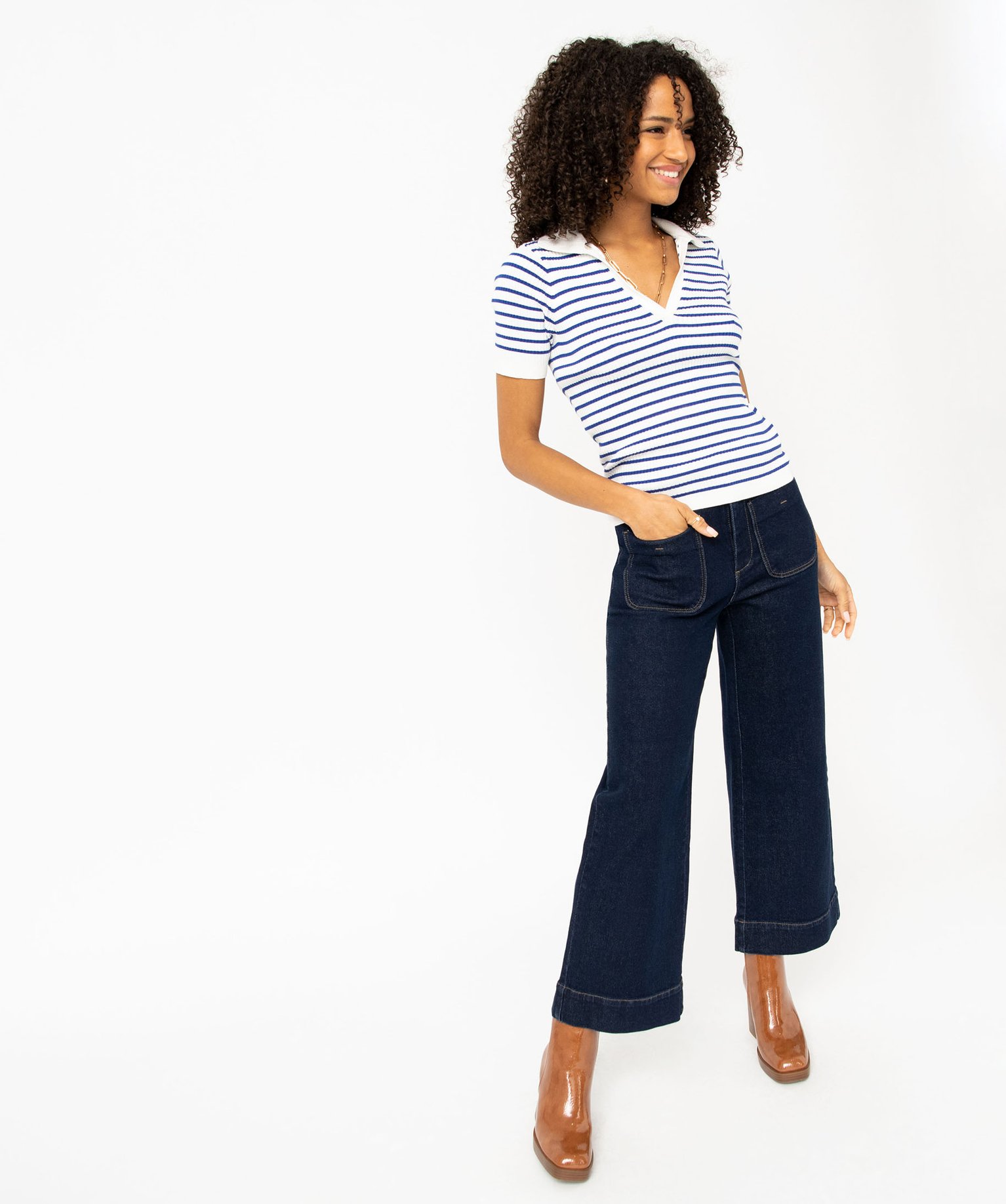 Jean wide leg taille haute avec poches plaquées femme bleu fonce | GEMO