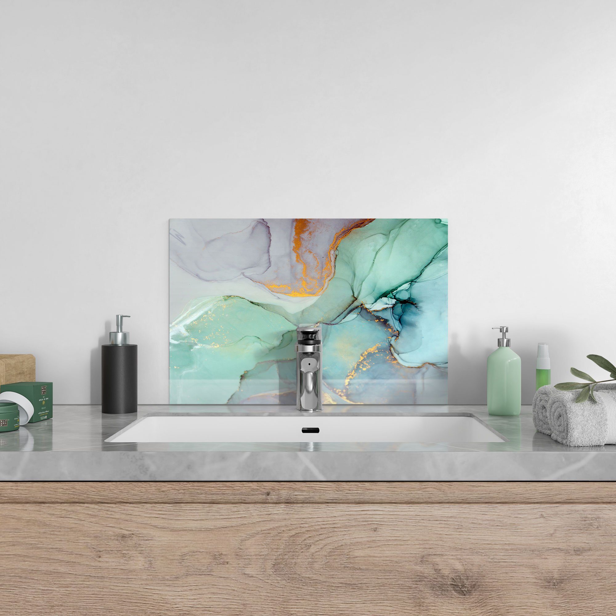 DEQORI Küchenrückwand 'Zerlaufene Wasserfarbe', Glas Spritzschutz Badrückwand Herdblende