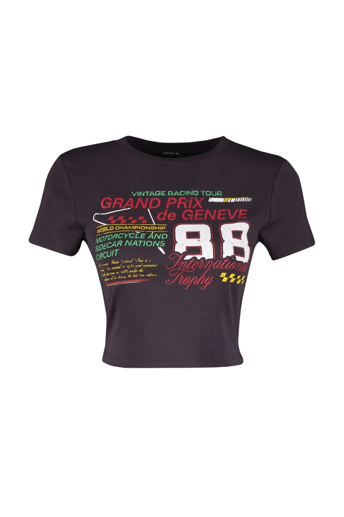 Trendyol Collection  Anthrazitfarbenes, figurbetontes, kurzes Strick-T-Shirt aus 100 % Baumwolle mit Slogan-Aufdruck TWOSS23TS00319