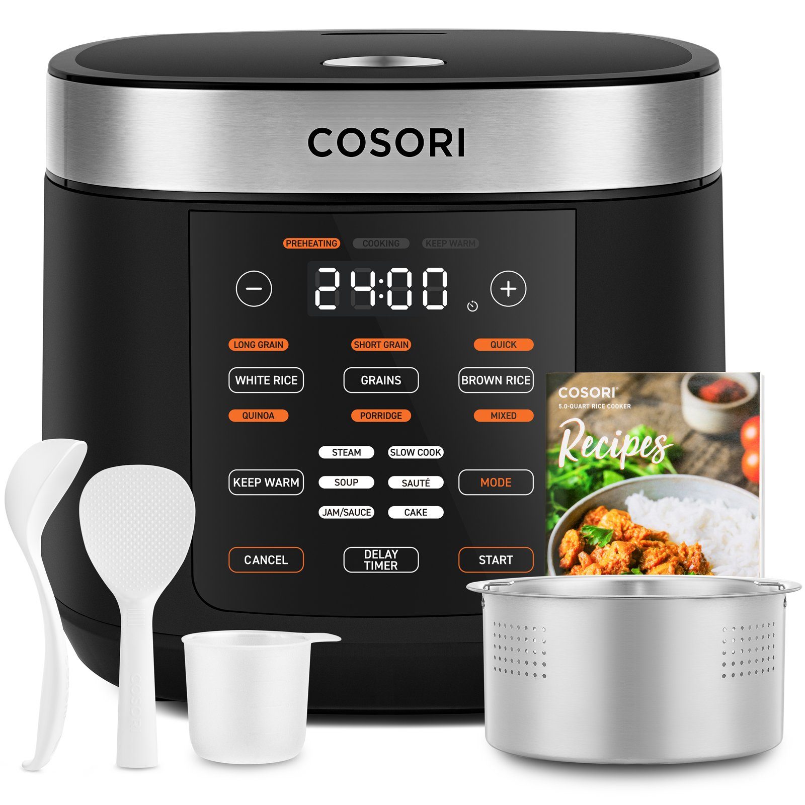 Cosori Multikocher CRC-R501-KEU + Zubehör, 970,00 W, 5,00 l Schüssel,Reis und Getreide, kochen, dämpfen, backen, Suppen, warmhalten, Timer