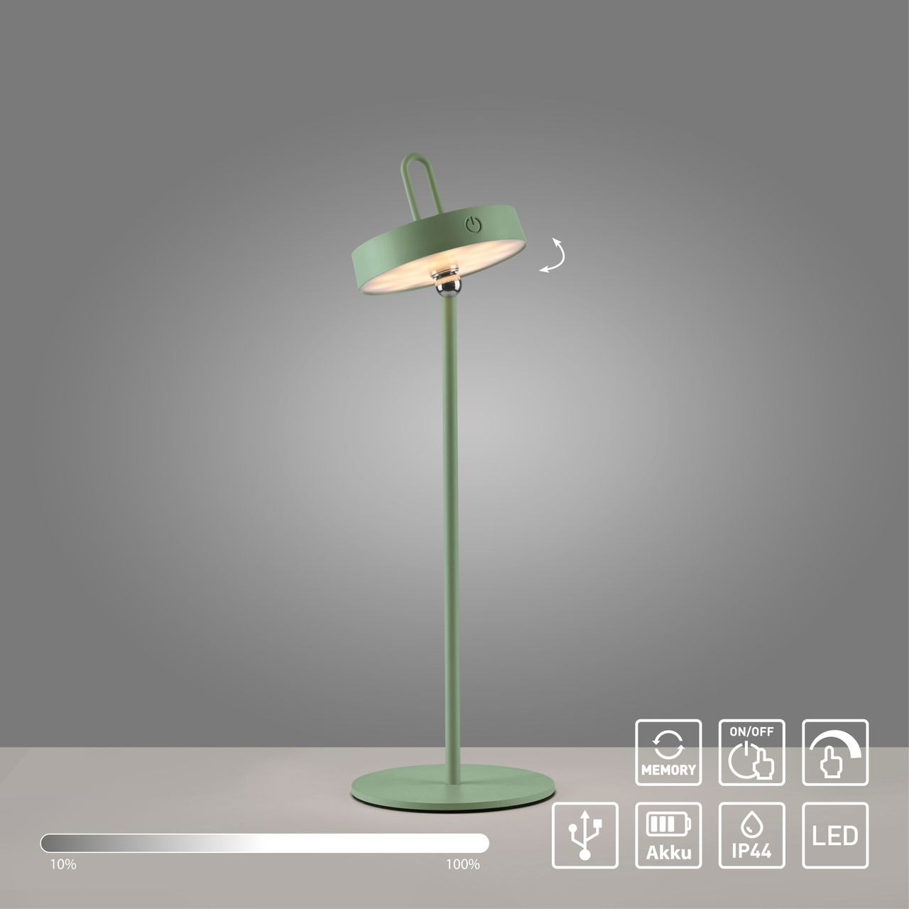 JUST LIGHT Akku Tischleuchte AMAG, 1x LED-Board/1,50Watt/2700Kelvin, IP44, Grün