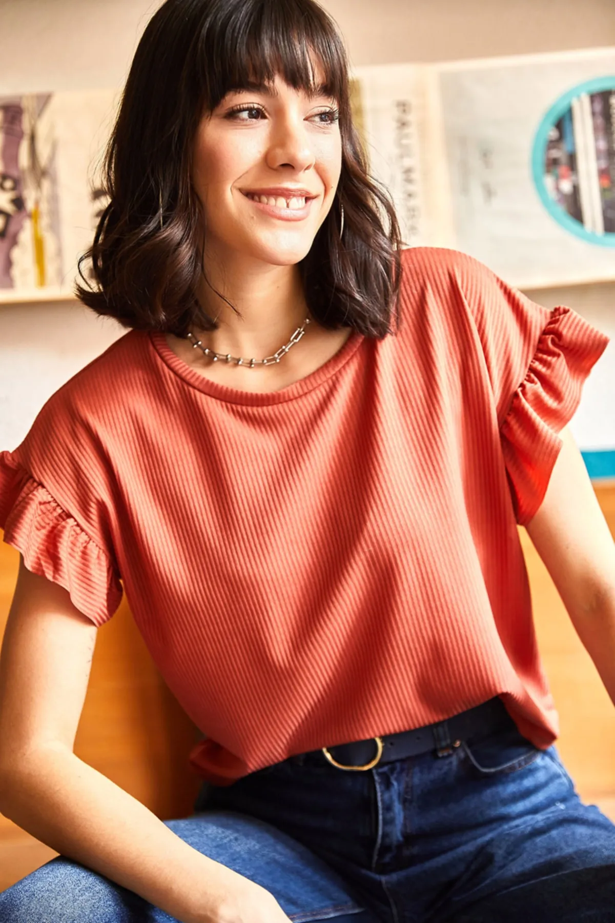 Olalook  Damen-T-Shirt mit Zwiebelschalenärmeln und Rüschen-Camisole TSH-19000417