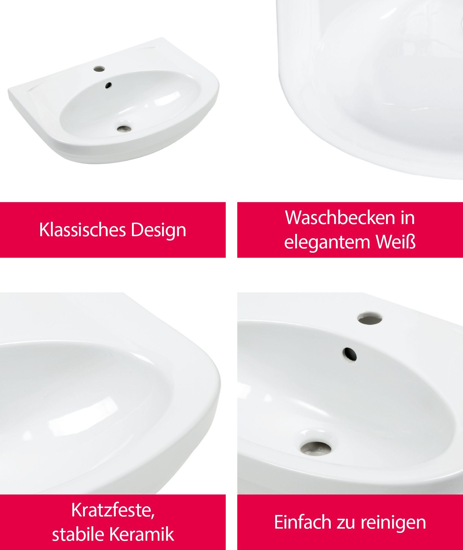 aquaSu Waschbecken Lobo (Hänge-Waschtisch, 1-St., Waschbecken), 60 cm, Keramik, Weiß, 567756