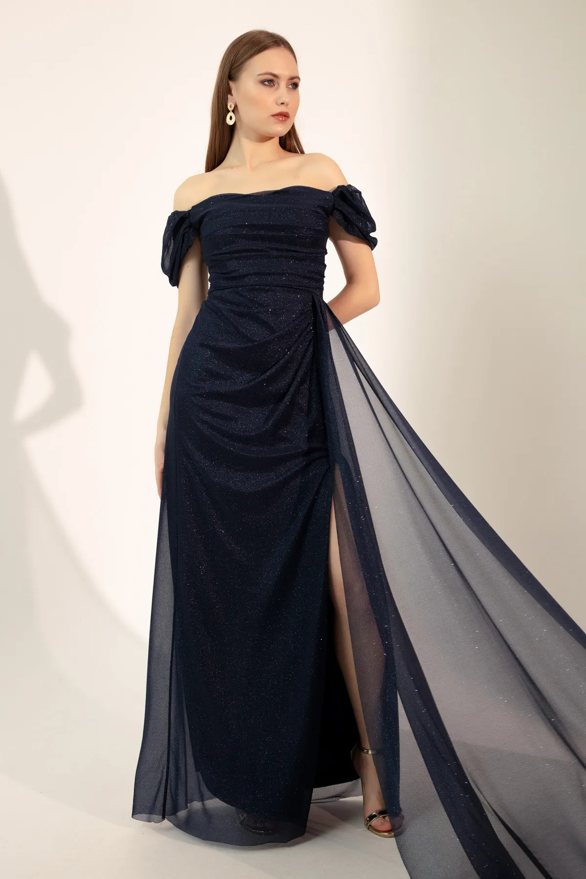 Lafaba  Damen-Abendkleid in Marineblau mit U-Boot-Ausschnitt, drapiertem Schlitz, langes Glitzer-Abendkleid