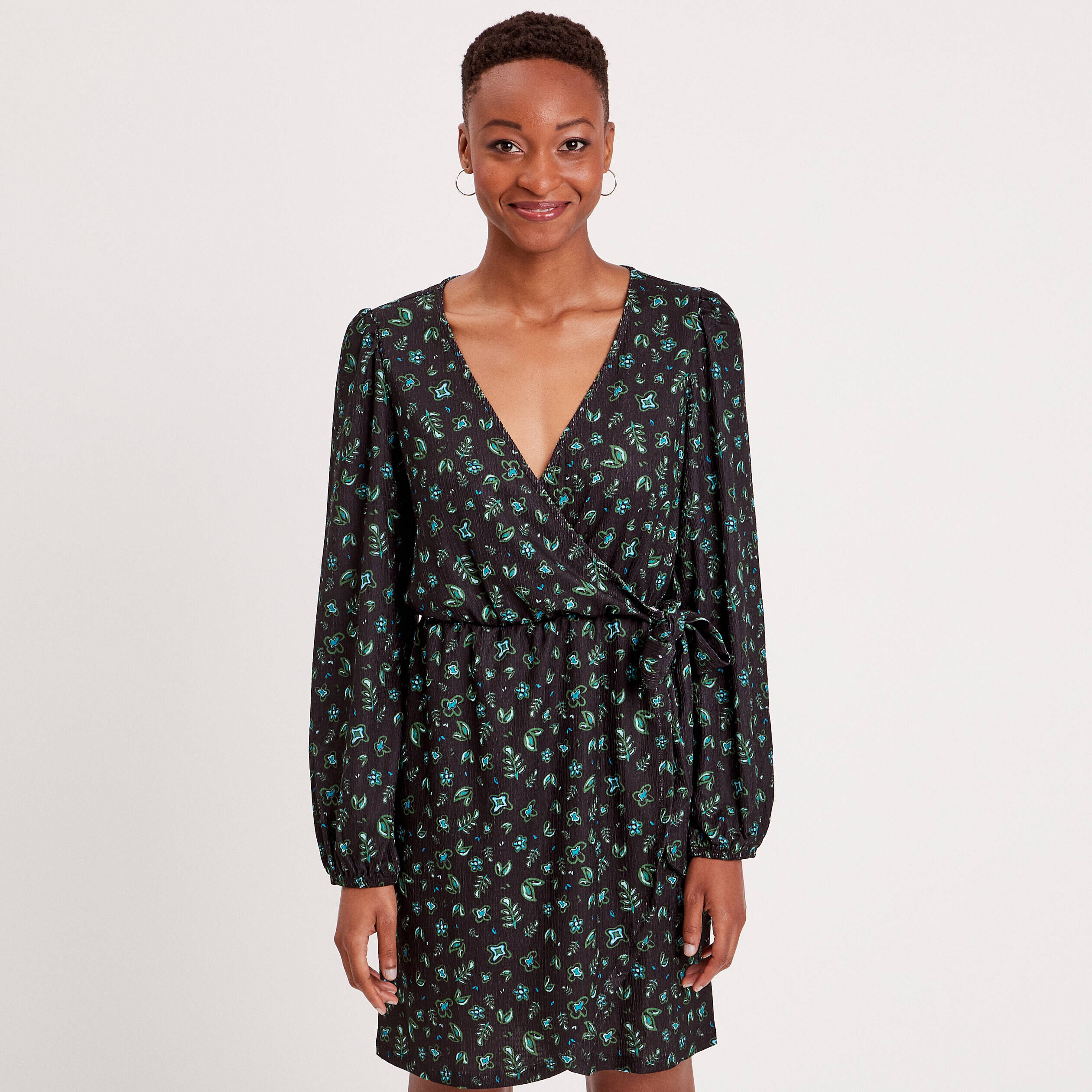 Robe évasée col cache-coeur noir femme | Cache Cache