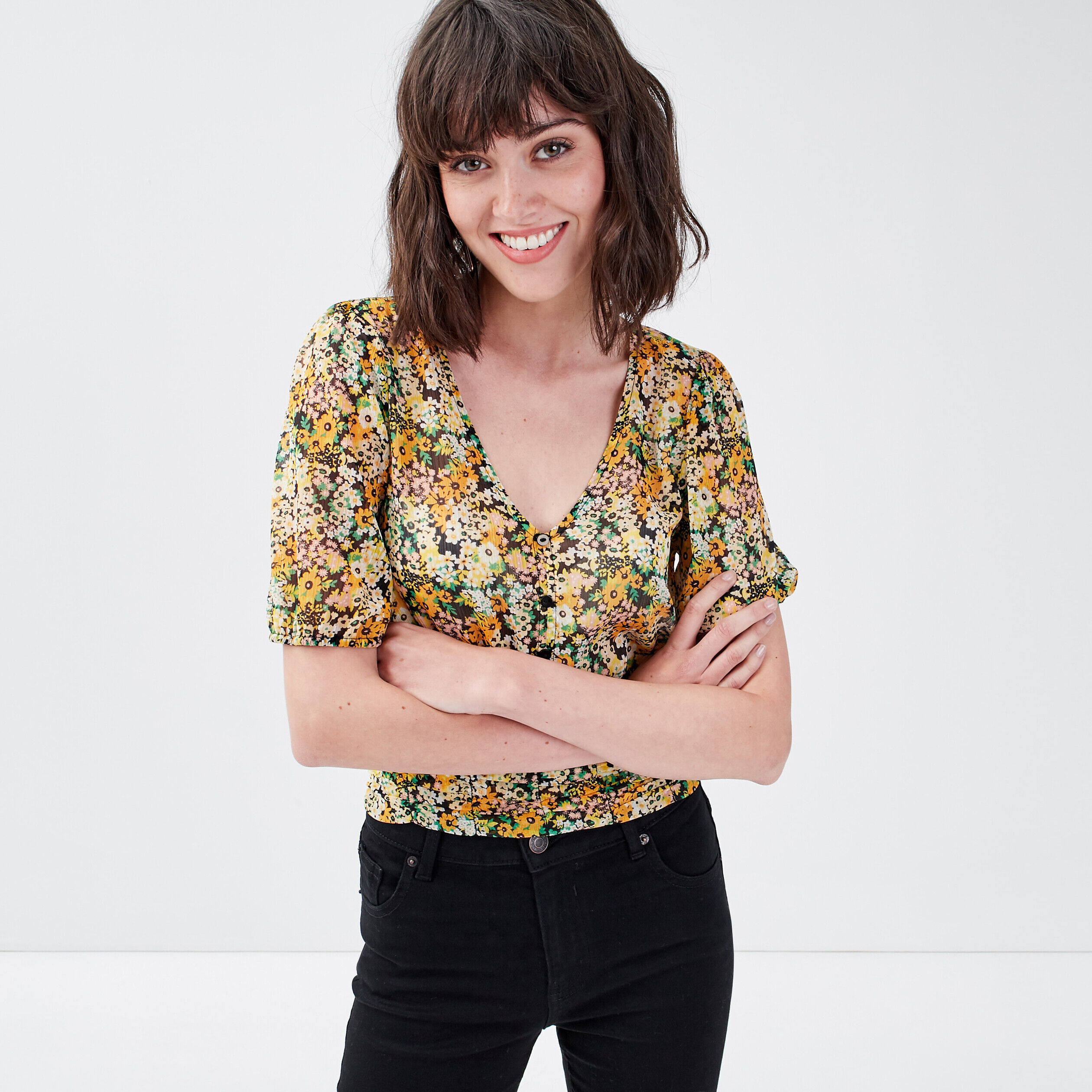 Blouse manches 3/4 noir femme | Cache Cache