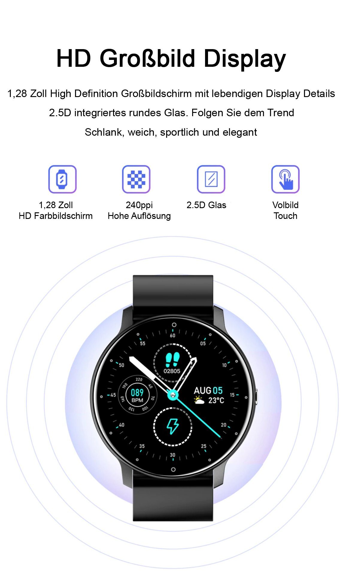 TPFNet SW01 mit individuell einstellbarem Display Smartwatch (Android), Armbanduhr mit Musiksteuerung, Herzfrequenz, Schrittzähler, Kalorien, Social Media etc., Blau