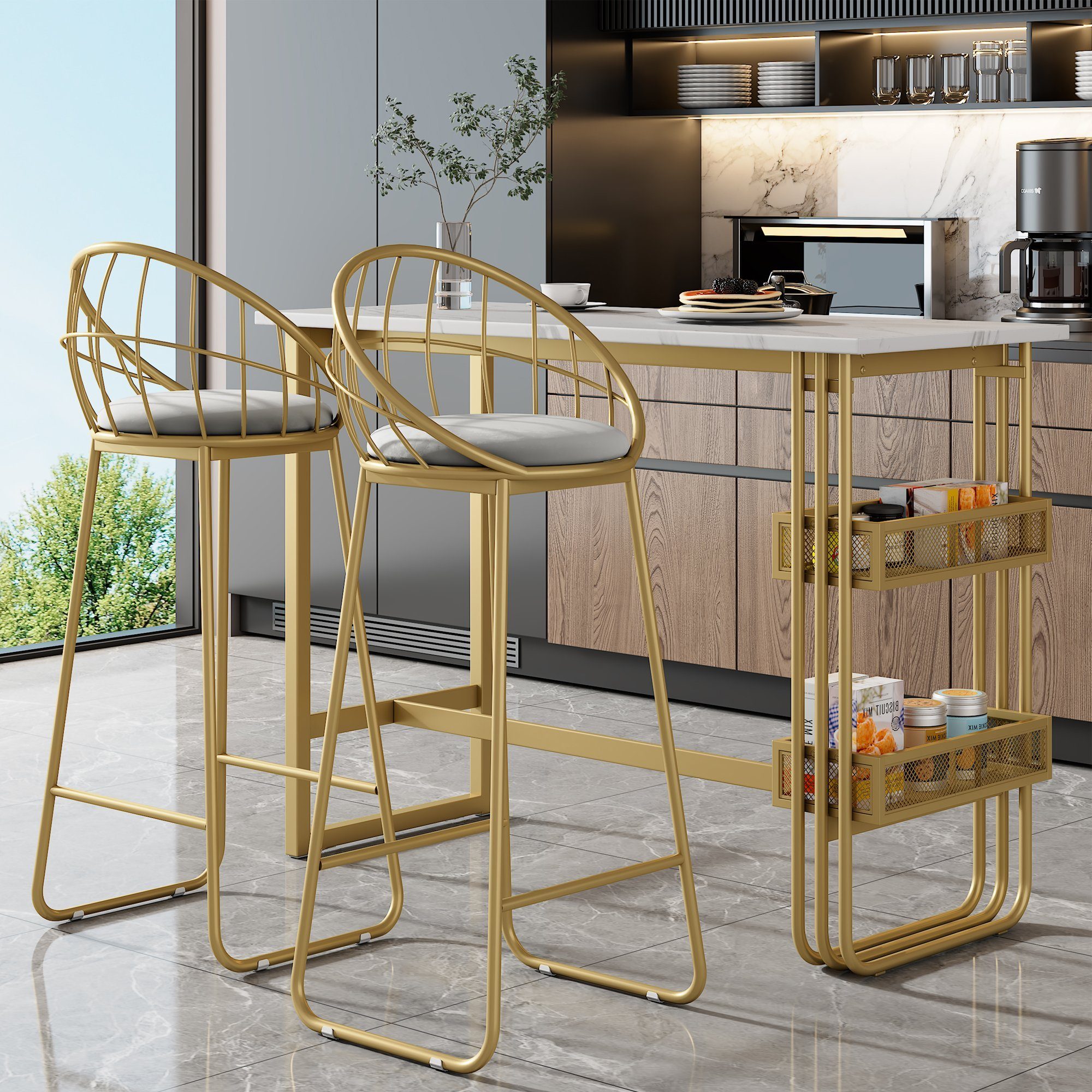 REDOM Bargruppe Stehtisch mit Lagerregal Barstühle Samt ​, (3-tlg), Bartisch mit 2er BarHocker Set