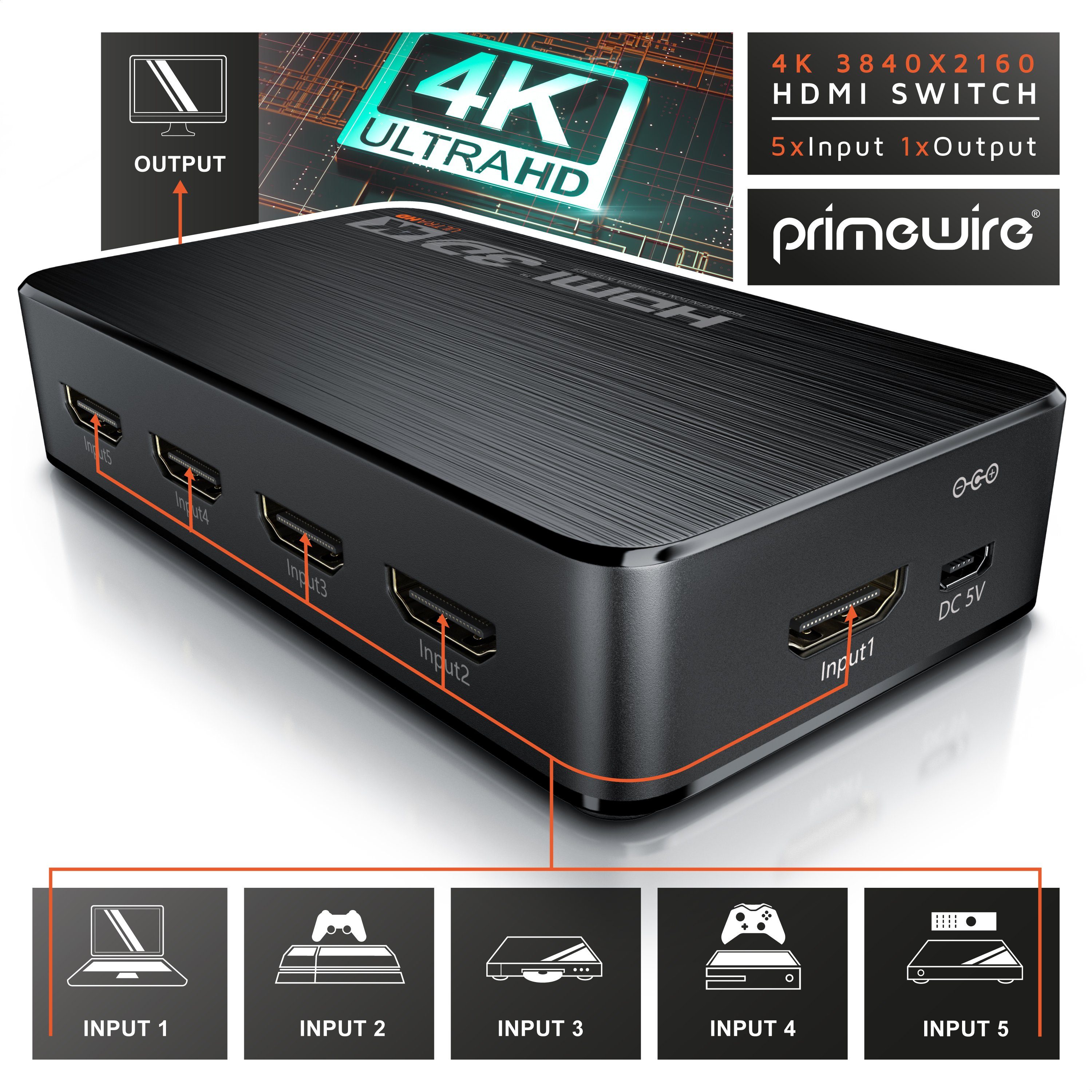 Primewire Audio / Video Matrix-Switch, 5-Port Ultra HD 4K HDMI Umschalter mit Fernbedienung - 5x IN/1x OUT