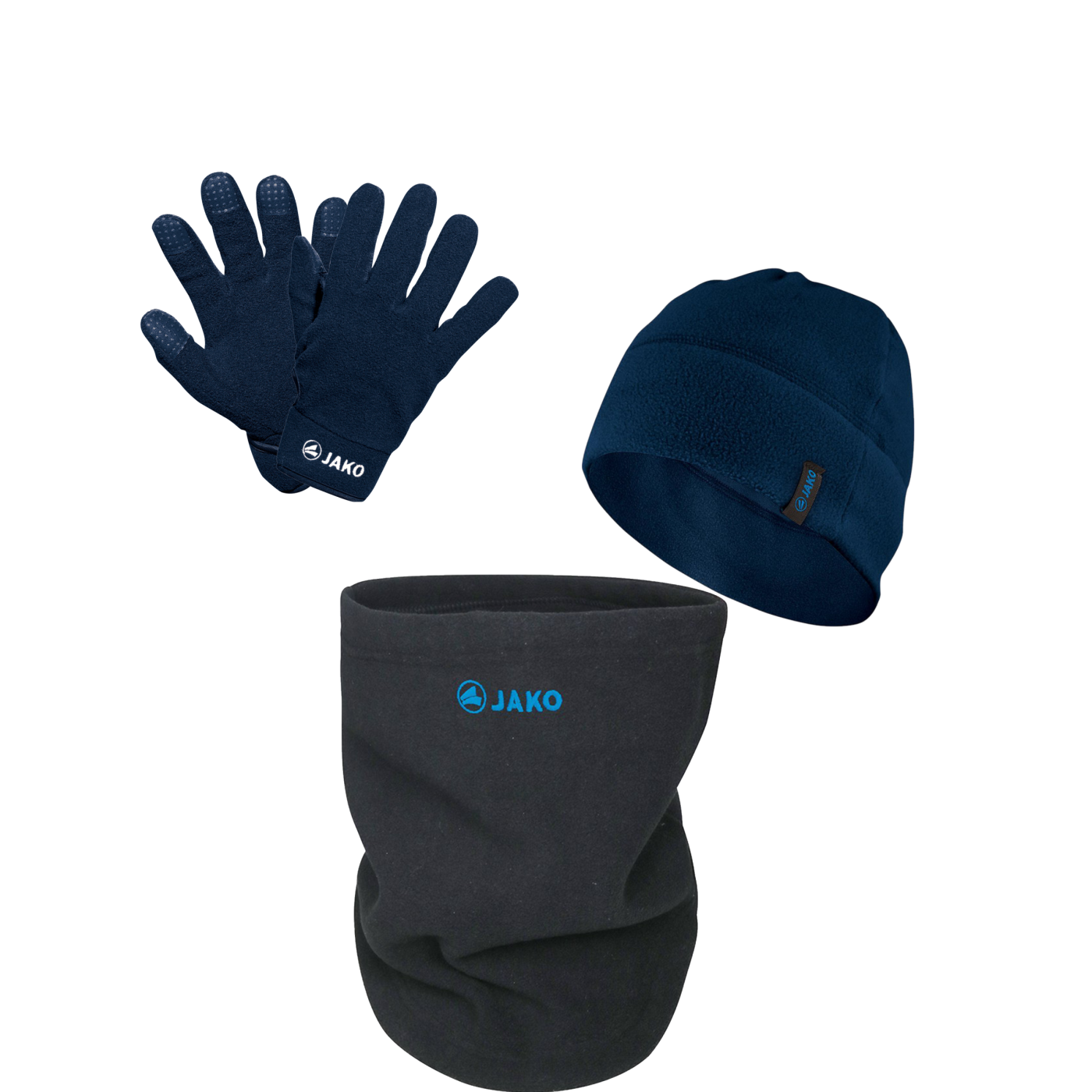 JAKO 3er Winter Set Handschuh + Beanie + Neckwarmer Blau Grau