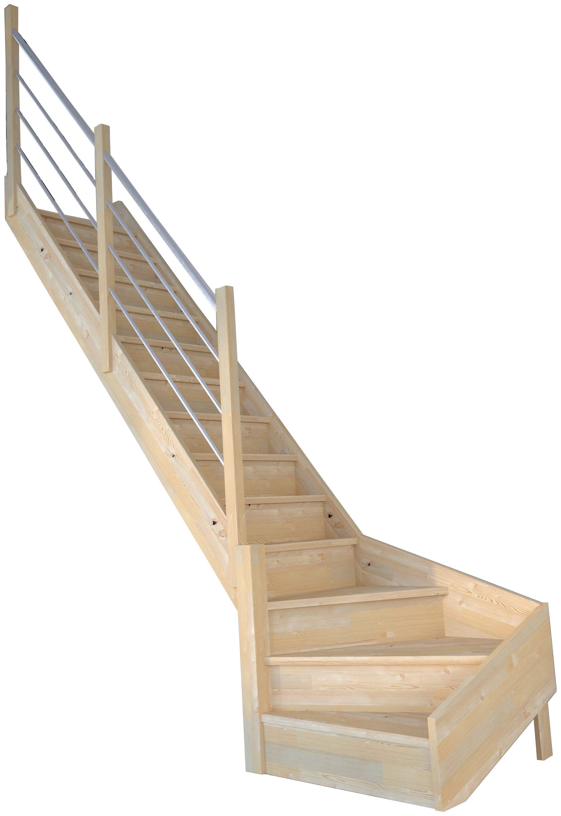 Starwood Raumspartreppe Massivholz Korfu, mit Holz-Edelstahl, für Geschosshöhen bis 300 cm, Stufen geschlossen, gewendelt Links, Durchgehende Wangenteile