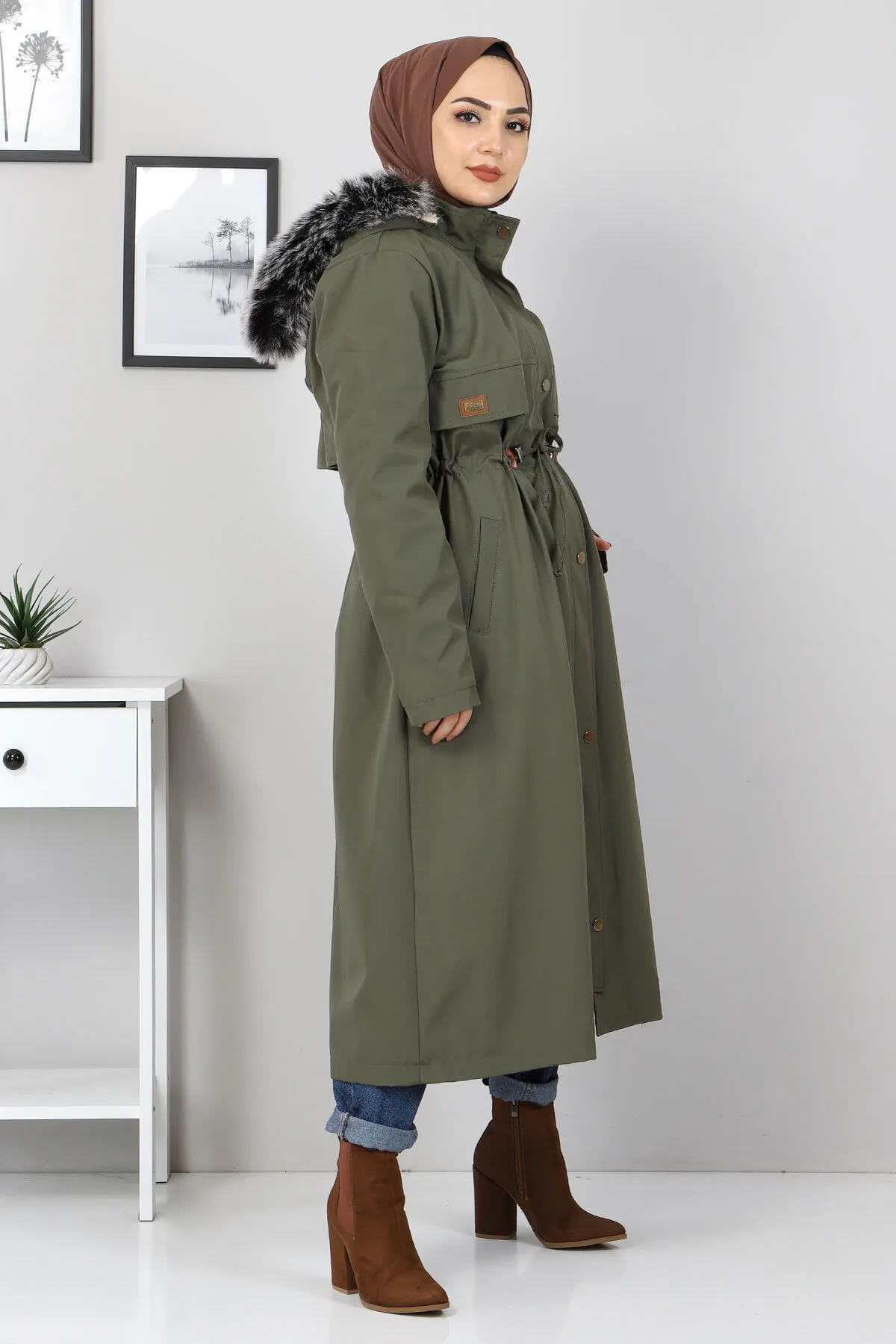 Tesettür Dünyası  Taillengeschnürter Mantel Tsd1932 Khaki