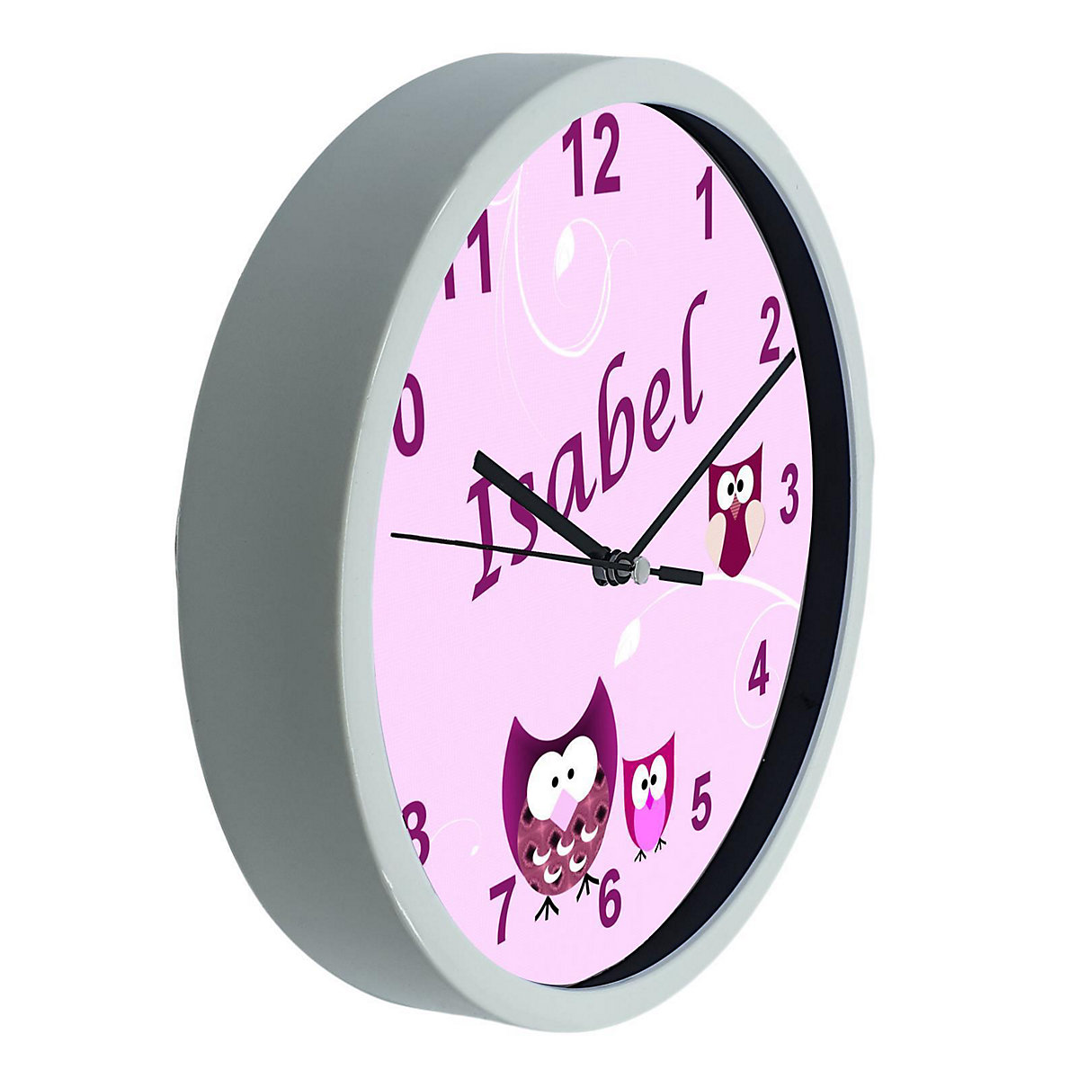 Kinder Wanduhr laufruhig personalisiert mit Name Eule Rosa