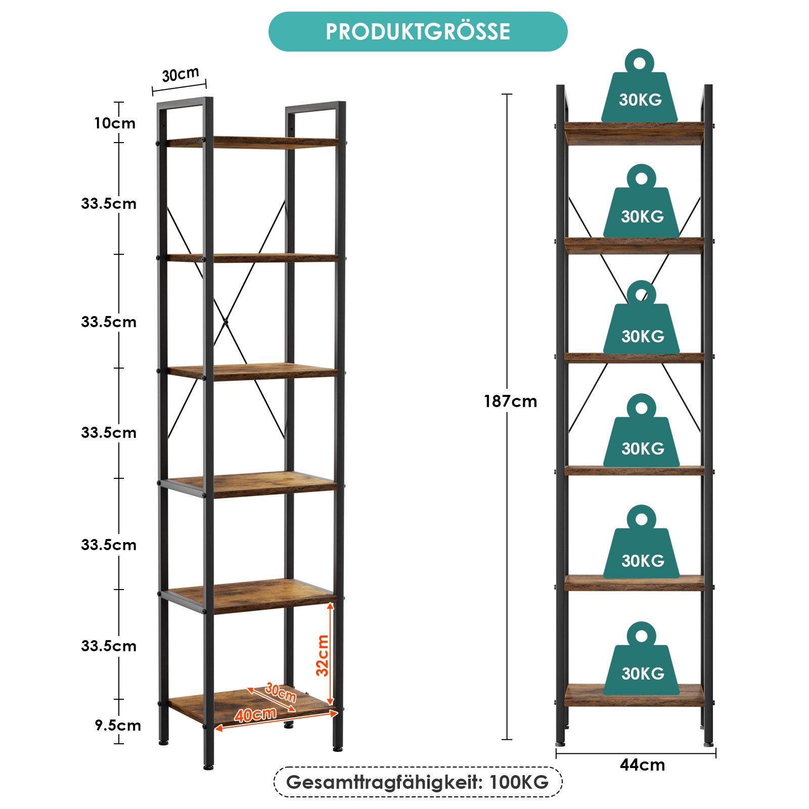 TLGREEN Bücherregal, mit 6 Ebenen, bücherregal standregal, 187 x 40 x 30 cm, Braun