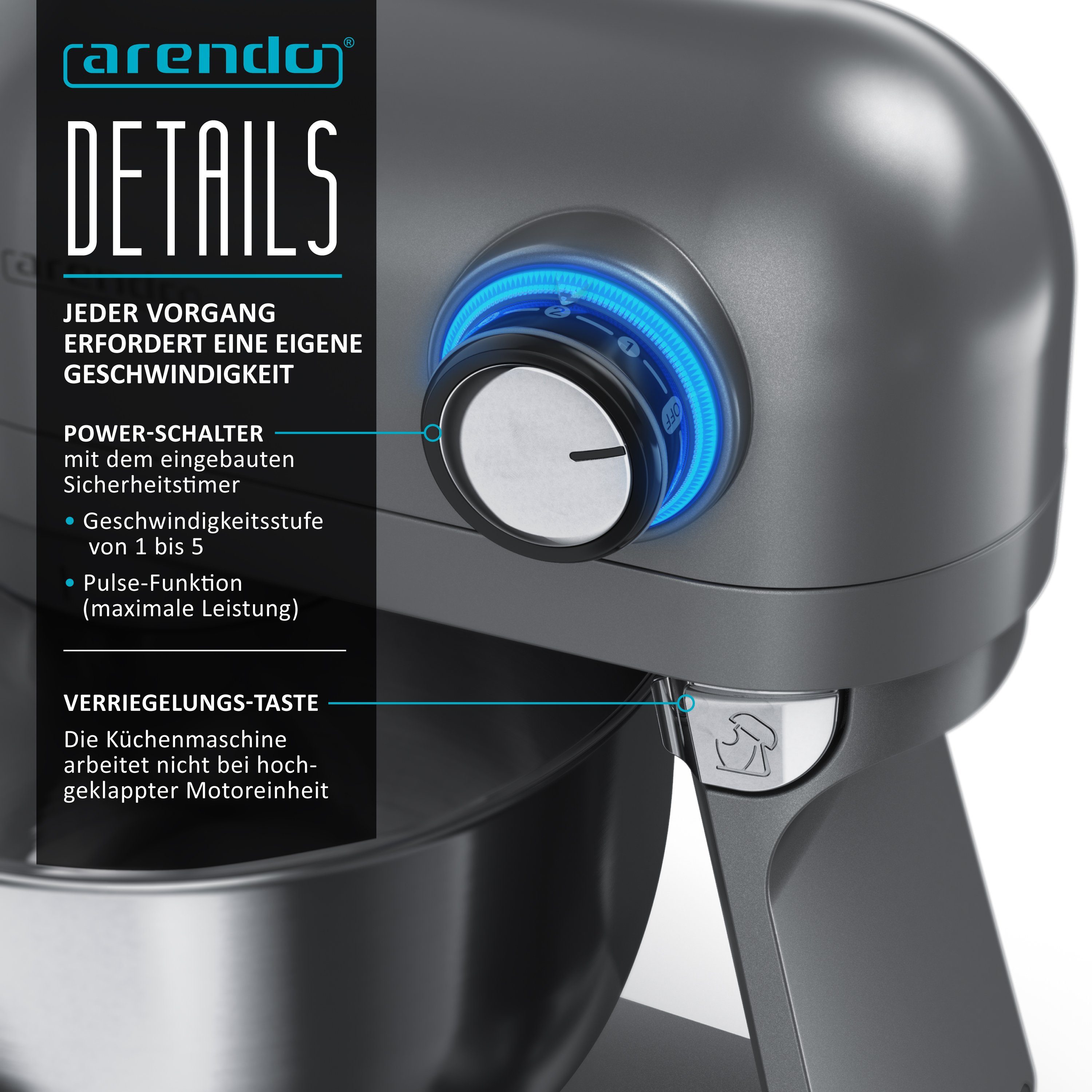 Arendo Küchenmaschine, 1200 W, Knetmaschine 5L, inkl. 3 Rührwerkzeuge, Rührmaschine mit 1200 W