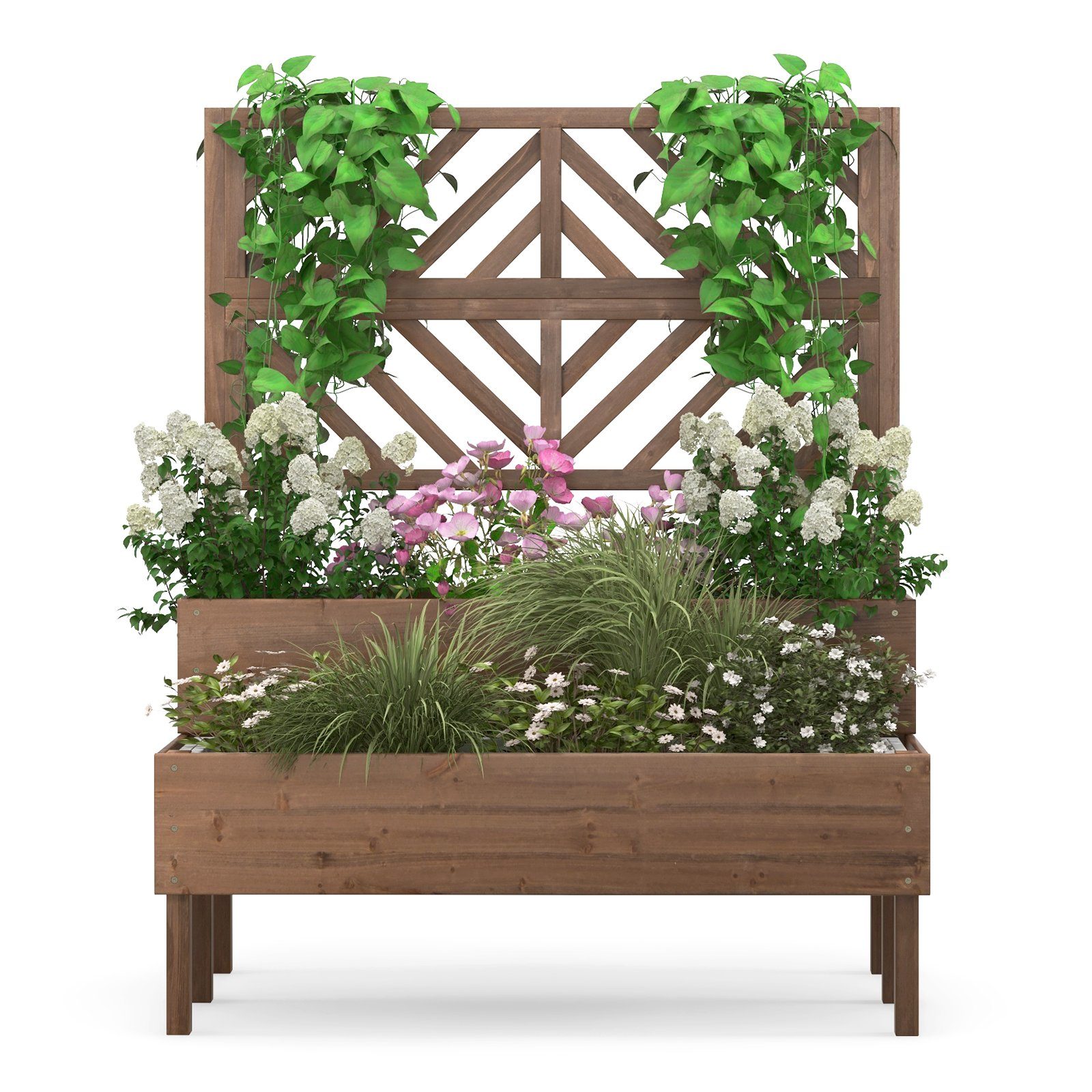 COSTWAY Hochbeet, mit Spalier, 2 Rankkästen und Drainageloch, aus Tannenholz