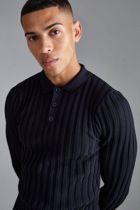 Langärmliges geripptes Muscle-Poloshirt