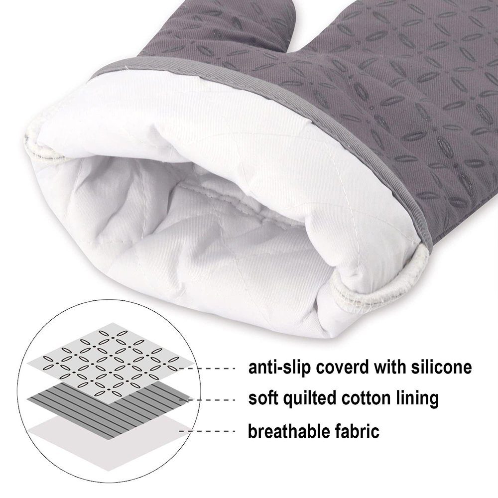 SCOKIT Topfhandschuhe 4er Set Hitzebeständig Topfhandschuhe, (Lange Backofen Handschuhe, Grau Baumwolle Backhandschuhe mit Rutschfestem Silikon Eingriff), Kochhandschuhe für Frauen Männer