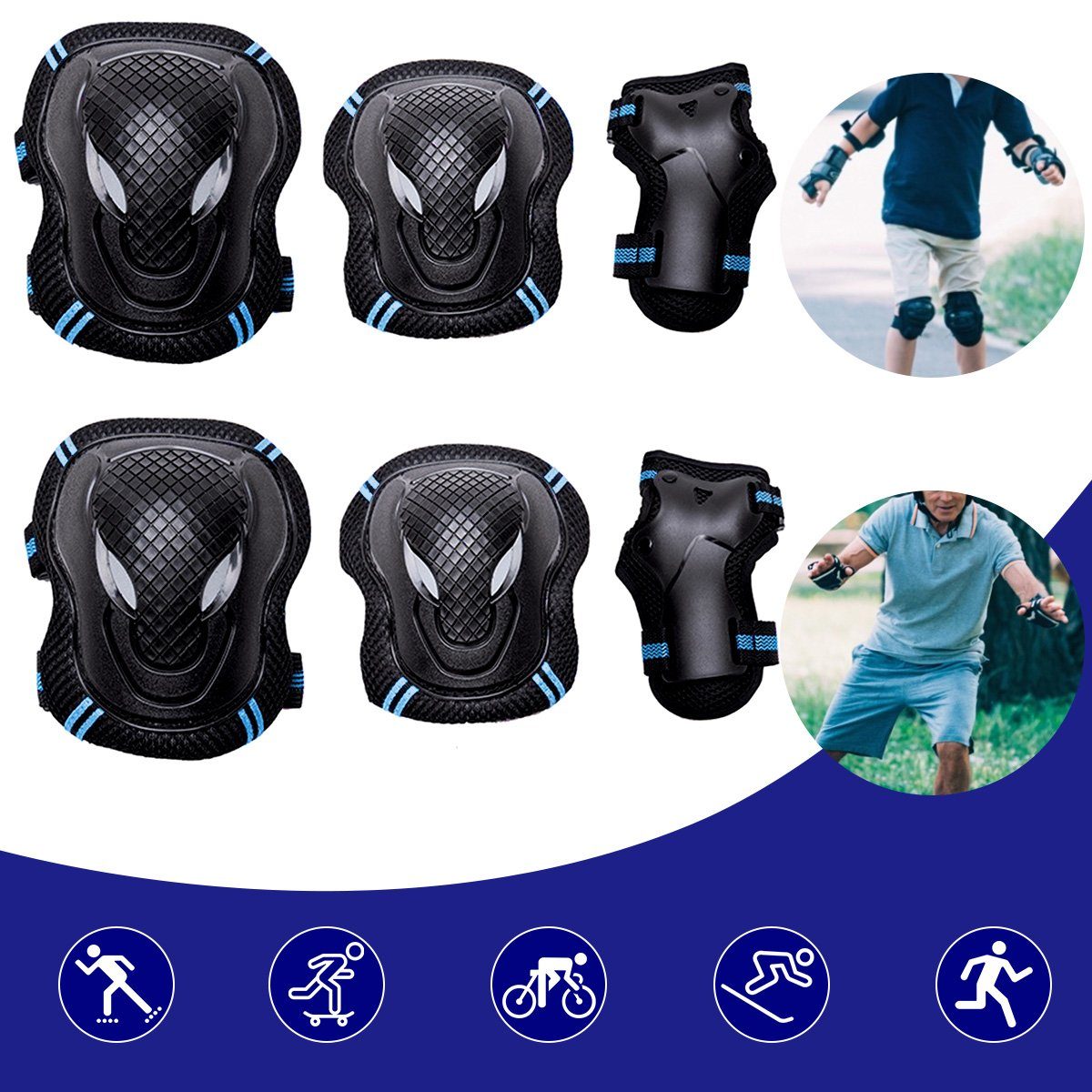 7Magic Protektoren-Set S/M/L 6 in 1 Profi Knieschützer (Verstellbar Knieschoner Ellenbogenschützer), für Outdoor Sport, Inliner Skaten, Roller, Skateboard