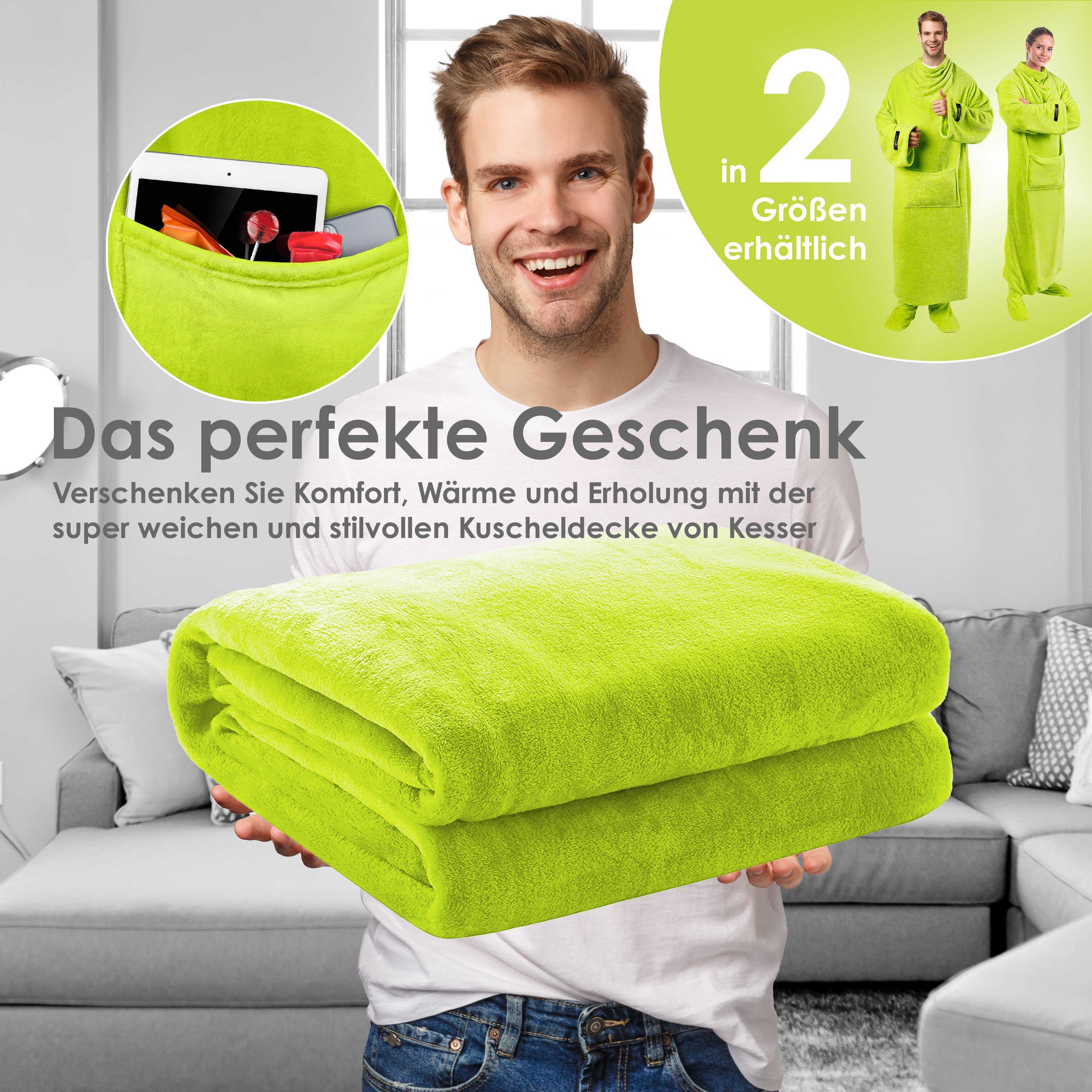 Wohndecke, KESSER, Kuscheldecke TV Decke mit Ärmeln Fußtasche Ärmeldecke