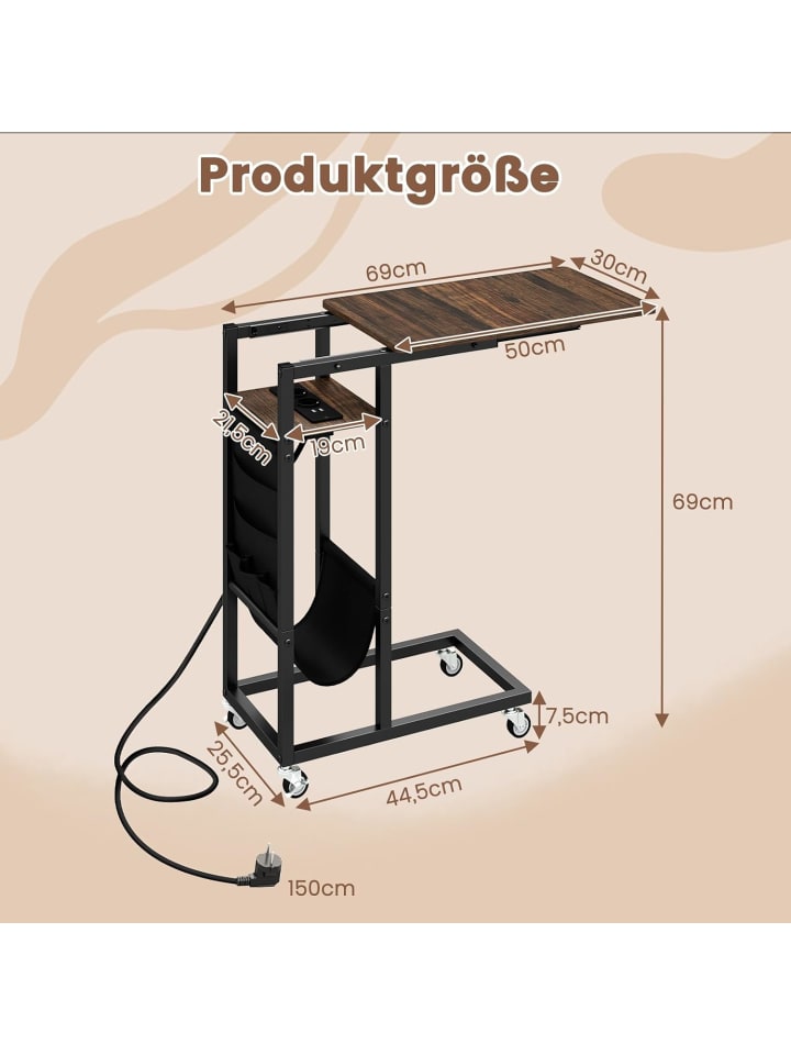 COSTWAY Beistelltisch C-förmig mit Ladestation in Braun günstig kaufen onesize