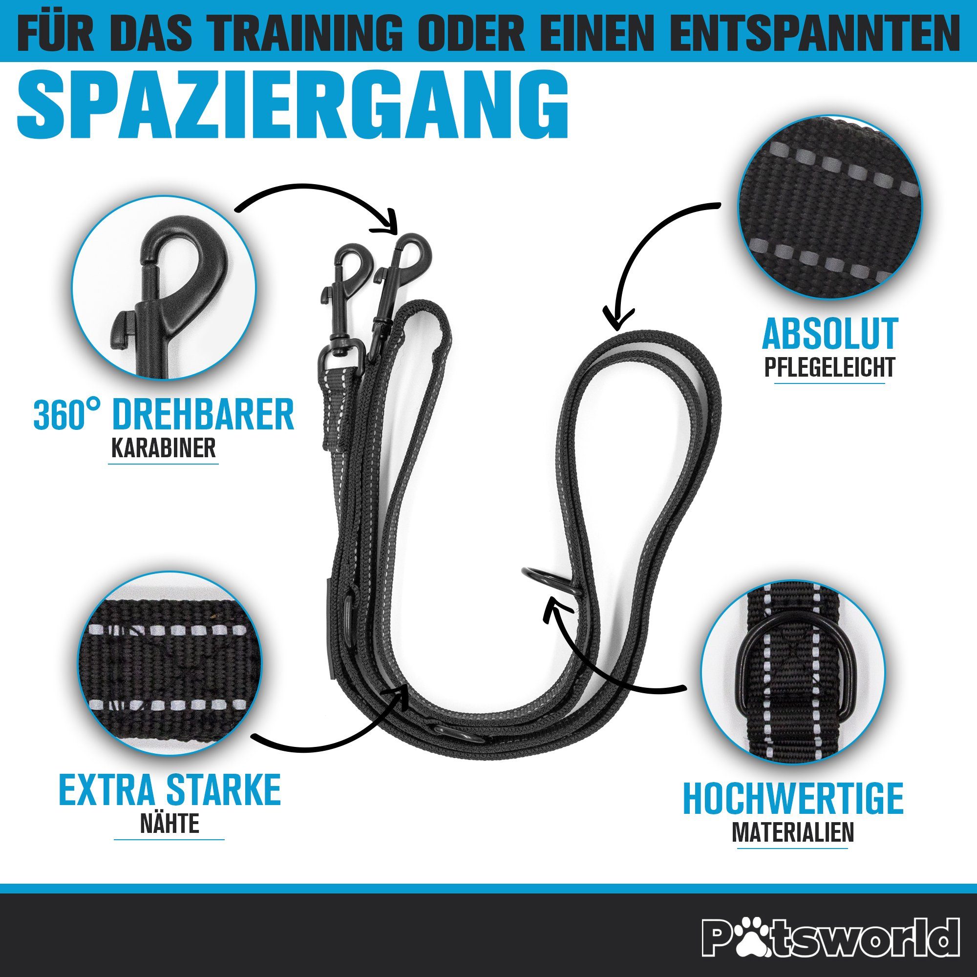 Pätsworld Führleine Führleine 3fach Verstellbar - 2,15m Trainingsleine Hundeleine
