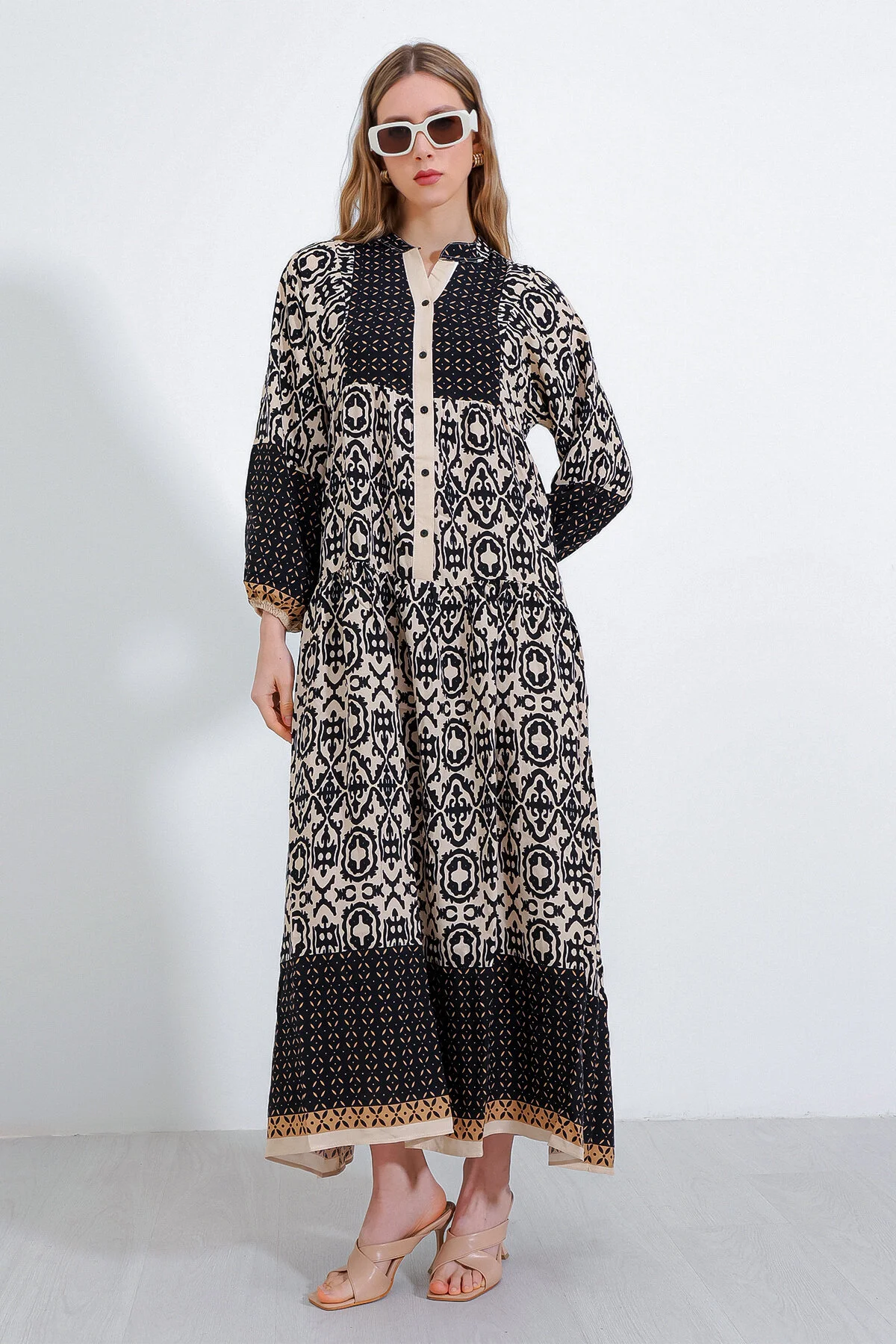 Bigdart  Schwarzes, cremefarbenes gemustertes Viskose-Hijab-Kleid für Damen 2423