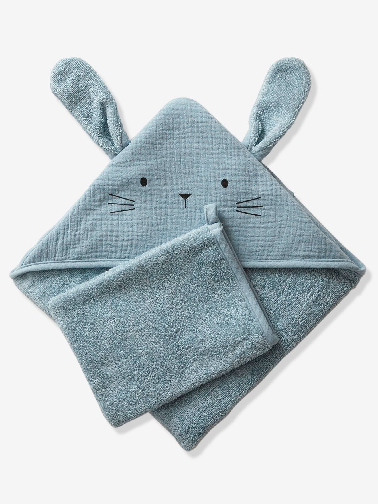Cape de bain + gant en gaze de coton bio*, bleu