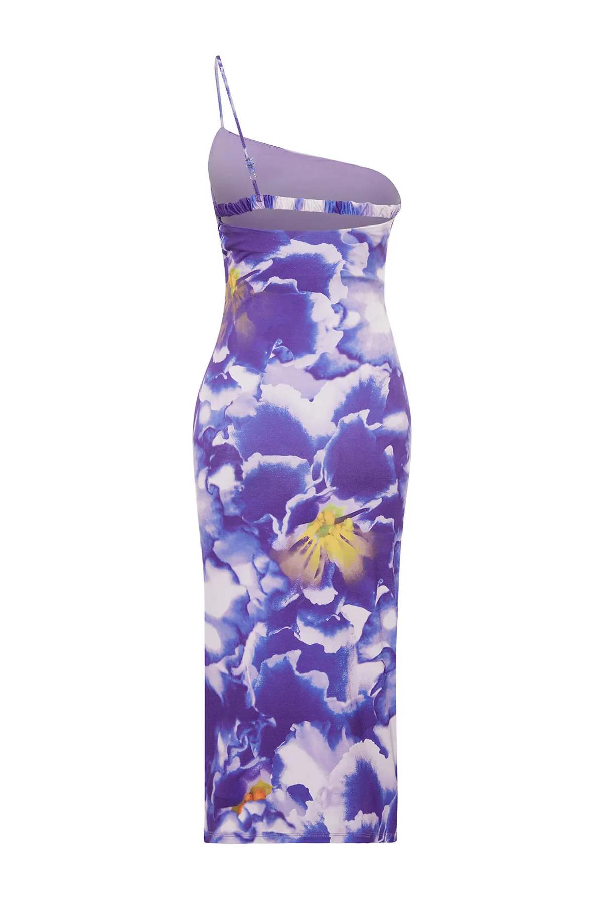 Trendyol Collection  Lila bedrucktes tailliertes Midi-Bleistiftkleid mit One-Shoulder-Träger und dehnbarem Strick TWOSS23EL01577