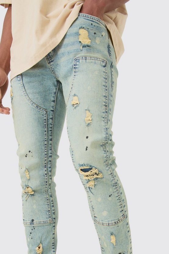 Skinny Stretch Ripped Carpenter Jeans In Antique Blue