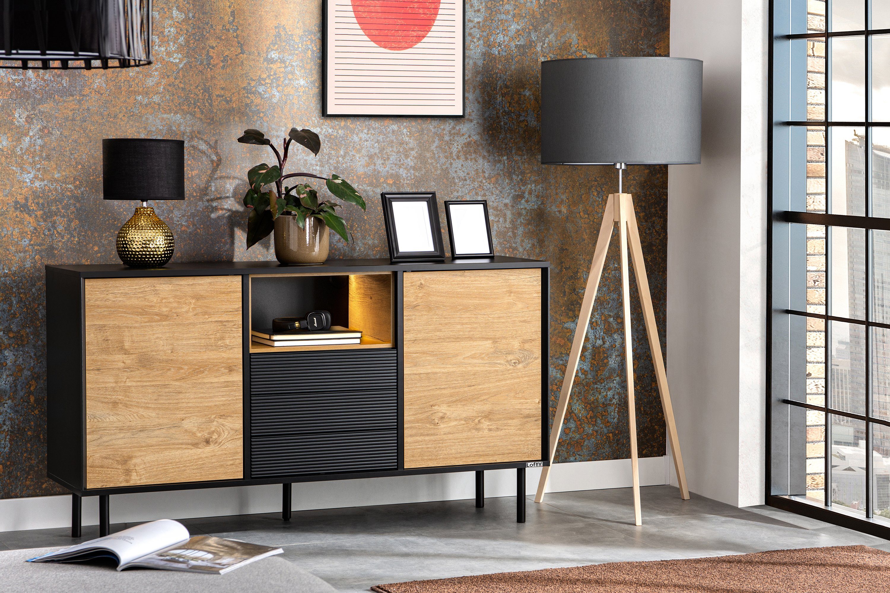 Konsimo Kombikommode LOFTY Sideboard Türkommode mit Schubladen industrial Style, Breite 151 cm, geriffelte Front, Holz, mit Schubladen