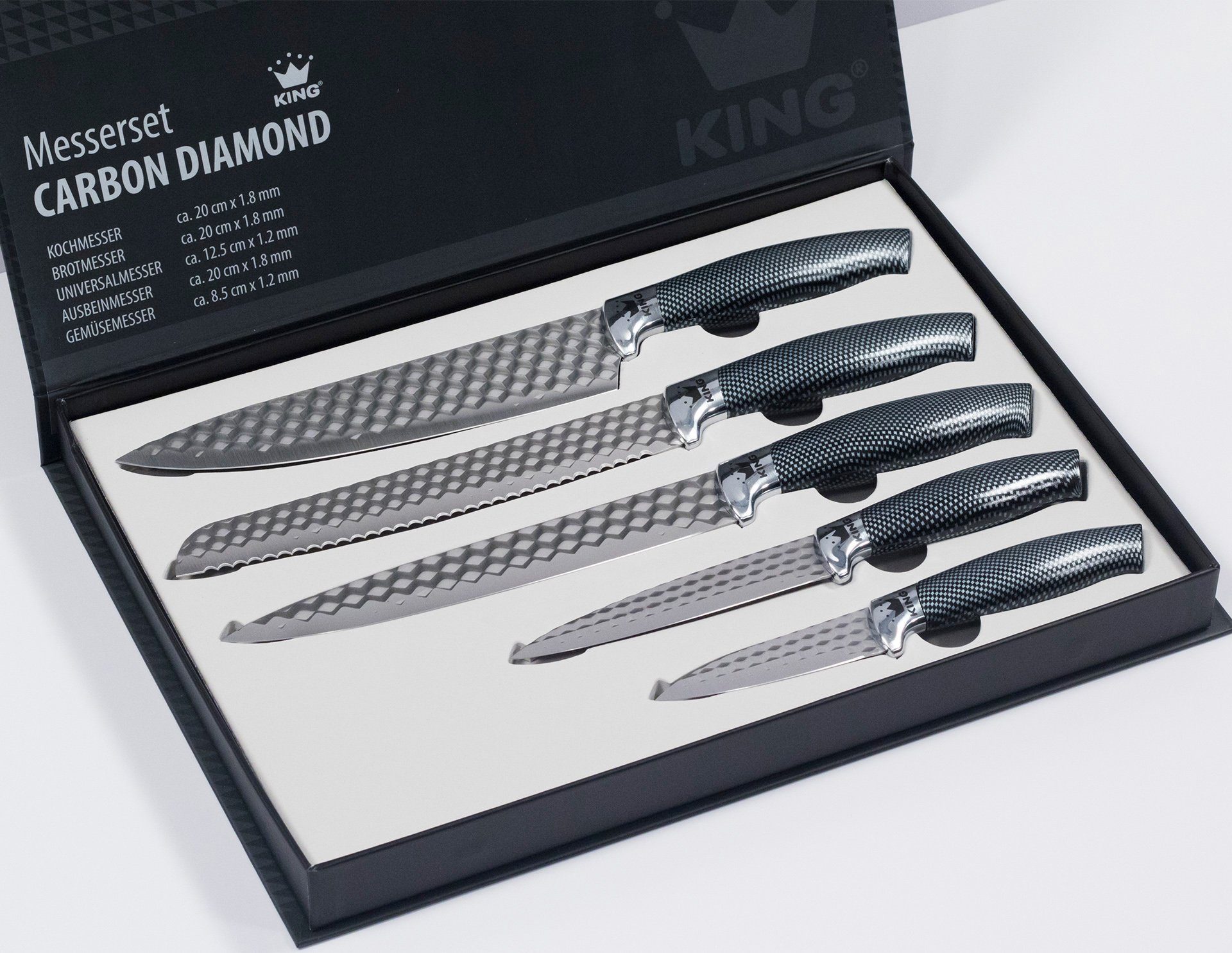 KING Messer-Set CARBON DIAMOND (Set, 5-tlg), Klingen mit Rautenstruktur