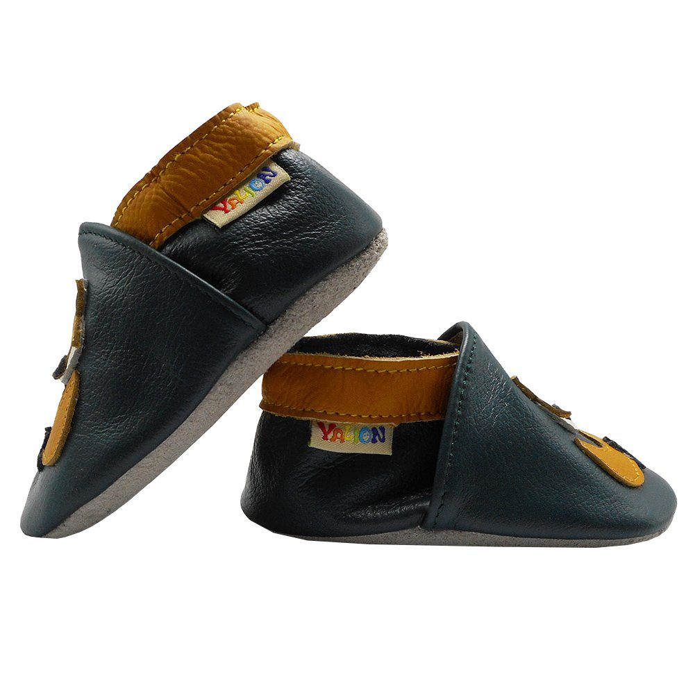 Yalion Weiche Leder Lauflernschuhe Hausschuhe Lederpuschen Fuchs grün Krabbelschuh