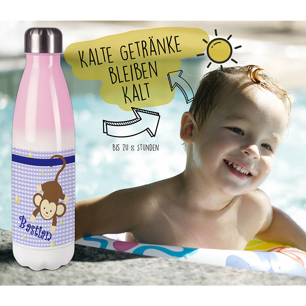 Edelstahl Kinder Thermoflasche / Trinkflasche bunt Affe hängend Farbe blau Spülmaschinenfest, Auslaufsicher, Bruchfest, Doppelwandig, Für Heißgetränke geeignet, Mit Deckel, Isoliert