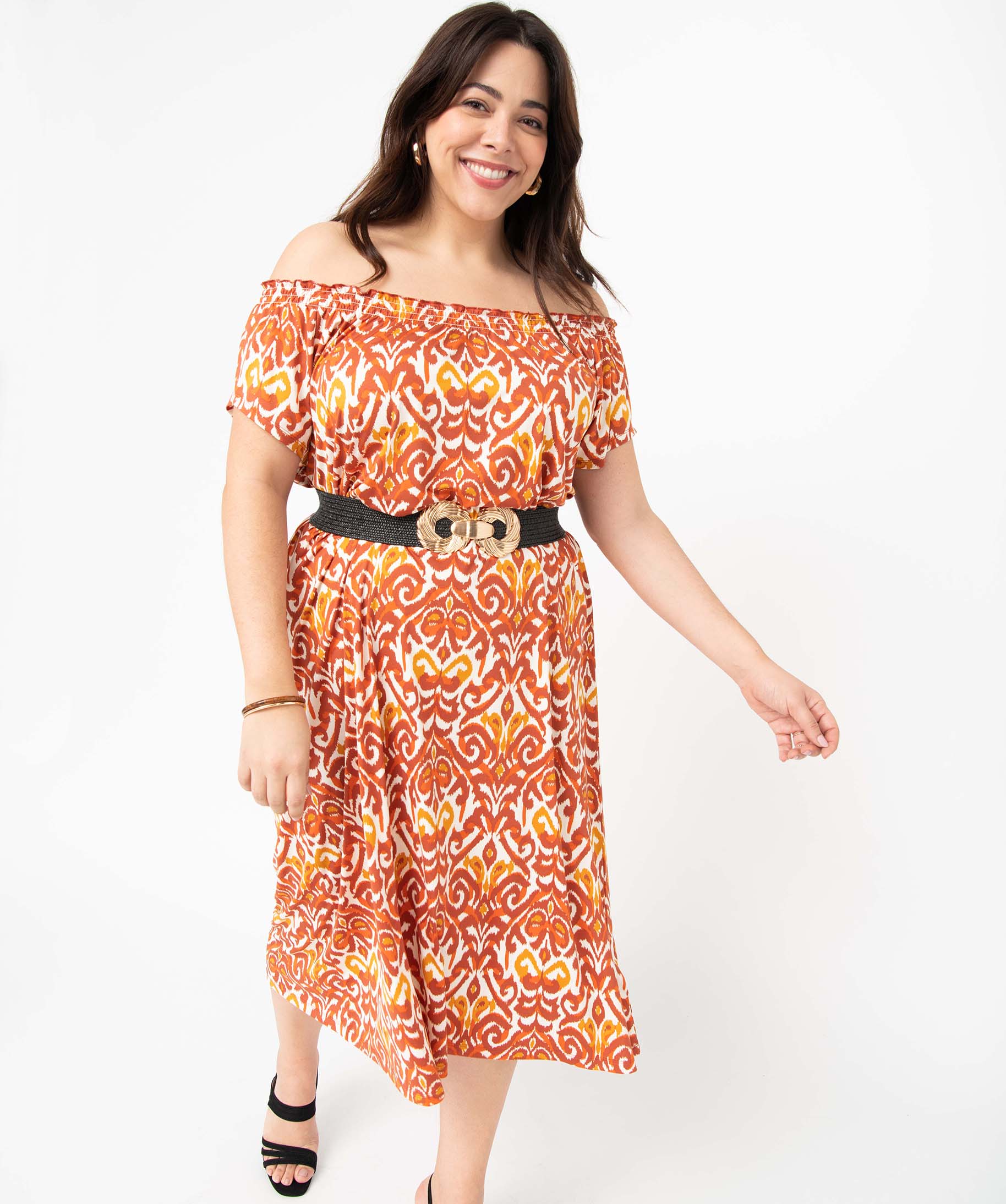Robe femme grande taille en maille extensible et col smocké imprime | GEMO