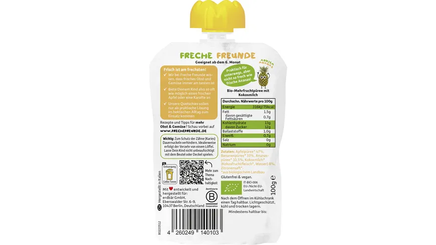 Freche Freunde Bio Quetschie 100% Apfel, Banane, Ananas & Kokosnuss 100 g