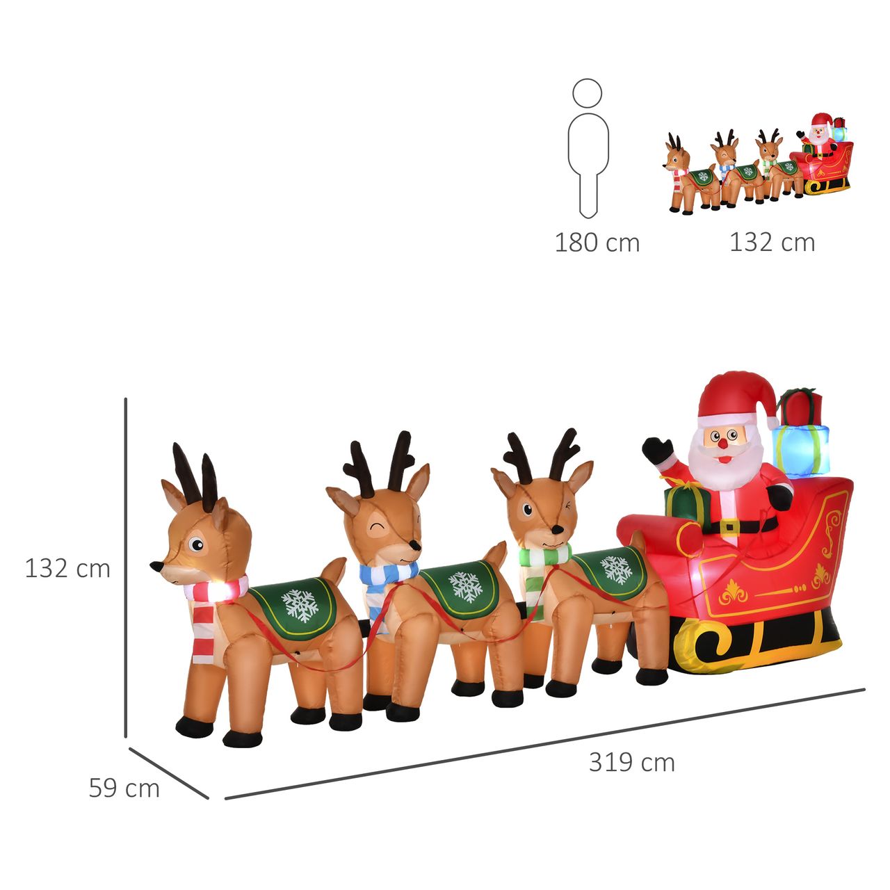 HOMCOM Aufblasbarer Weihnachtsmann auf Schlitten mit 3 Hirschen 1,3 m Weihnachtsdekoration mit Lichtern Weihnachten Gärten Dekoration automatisches Aufblasen wetterfest Polyester 319 x 59 x 132 cm