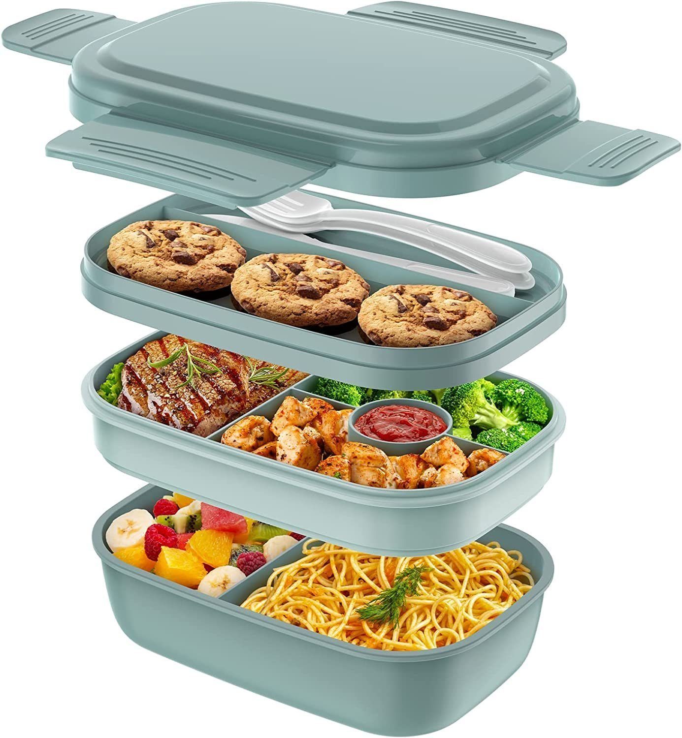 Hikeren Lunchbox 1900 ml 3-lagige Butterbrotdose mit Fächern,Gabel,Löffel,Versiegelt