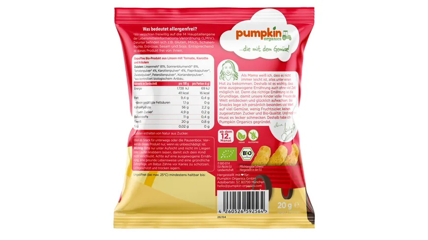 pumpkin organics Bio Linsen Puffs mit Tomate, Karotte & Kräutern 20 g
