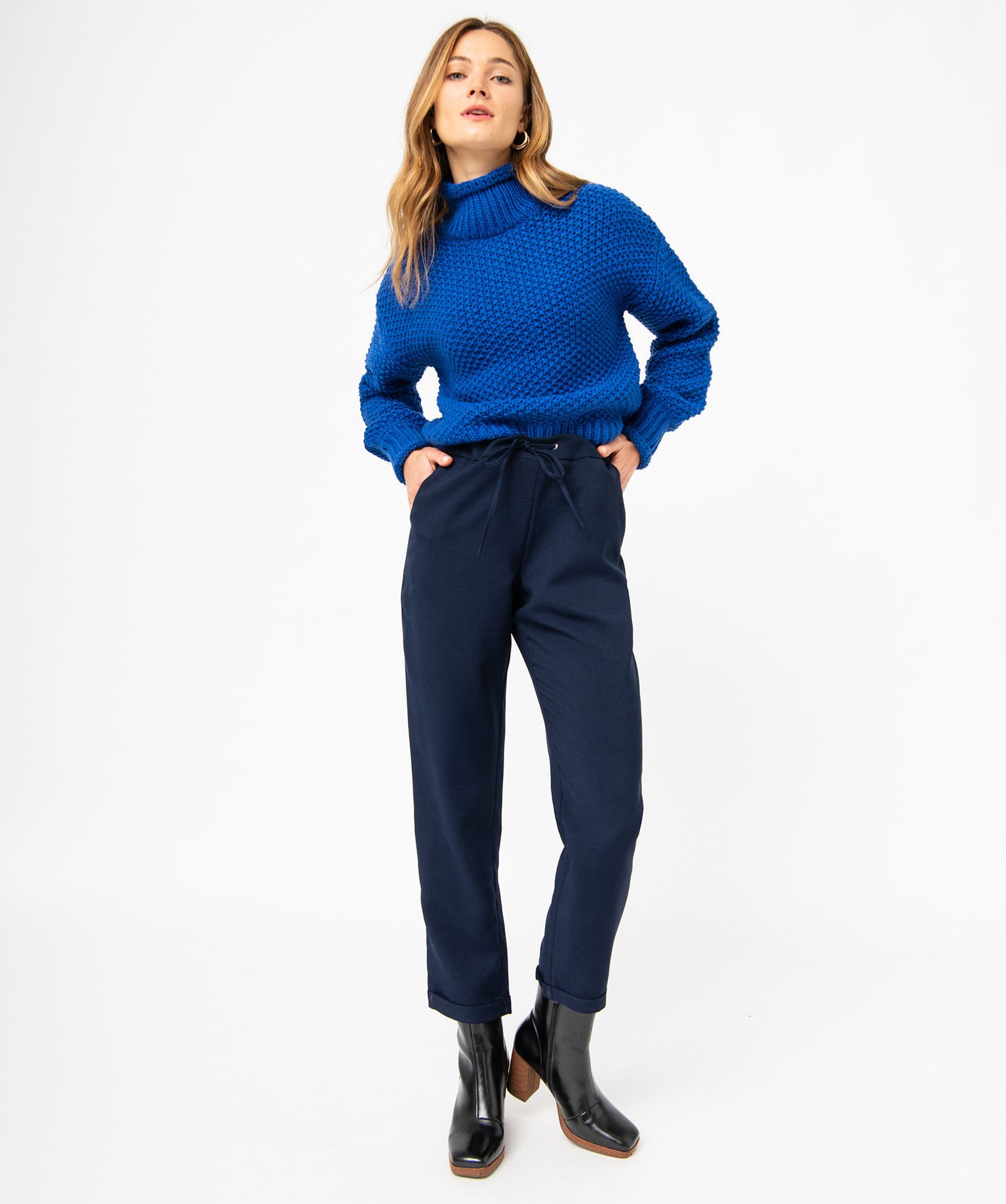 Pantalon en toile coupe ample avec taille élastique femme marine | GEMO