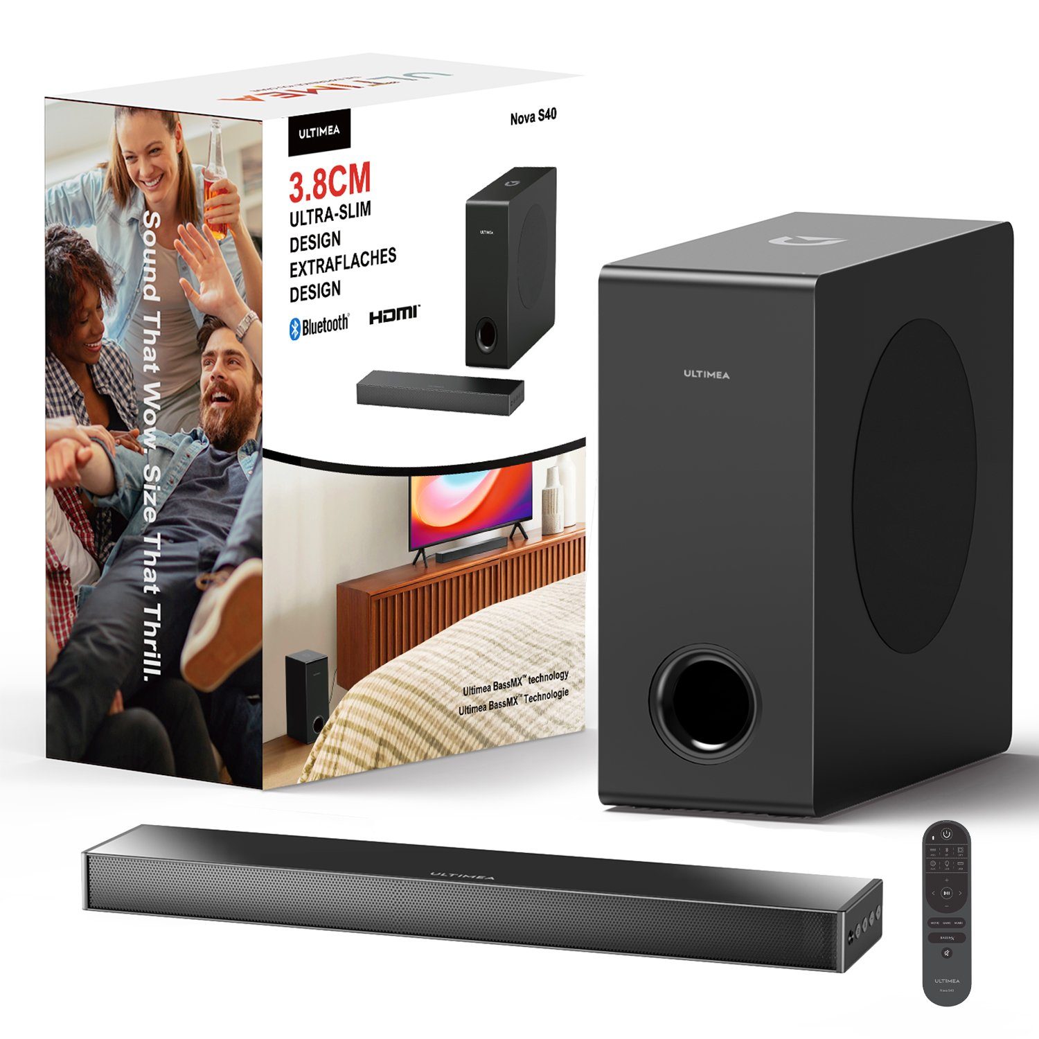 Ultimea Nova S40 2.1 Soundbar (HDMI ARC, 160 W, Surround-Sound, Bass Verbessert, 35mmT, Schlank Aber Leistungsstark)