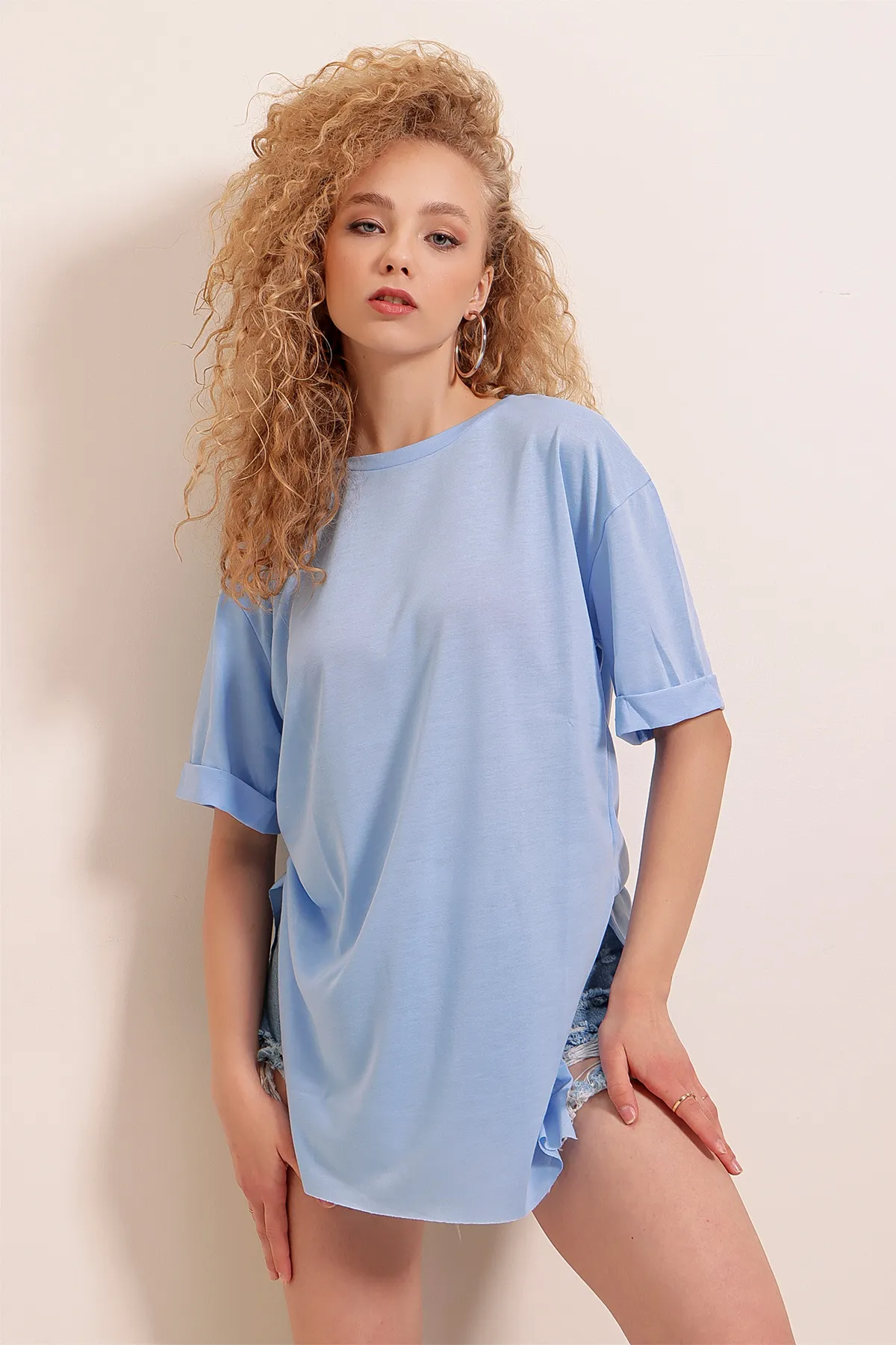 Bigdart  4123 Geschlitztes Oversize-T-Shirt – Türkis