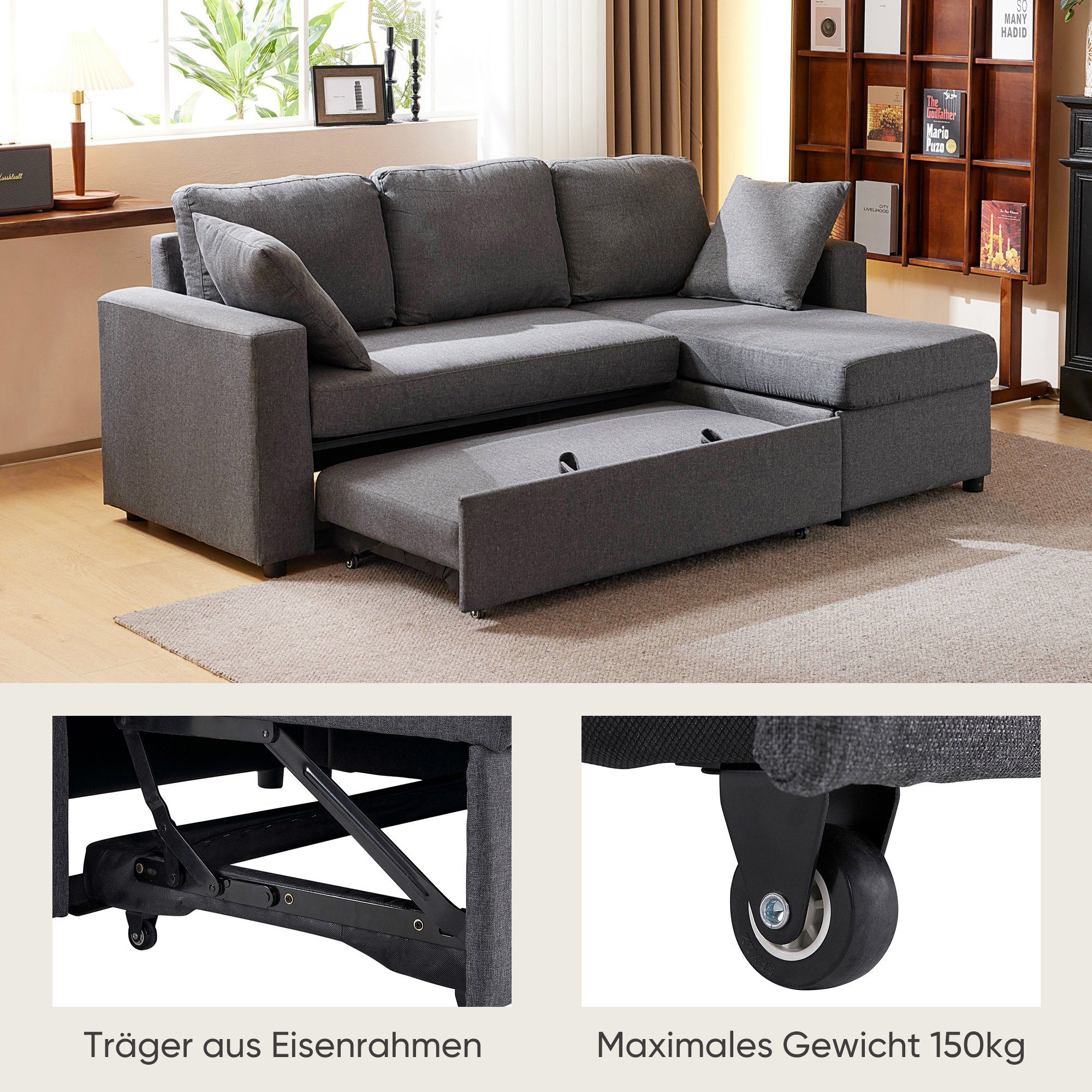 WISHDOR Ecksofa Schlafsofa Sofa mit Schlaffunktion, modernes Design, Polstermöbel, Sofas mit Chaiselongue