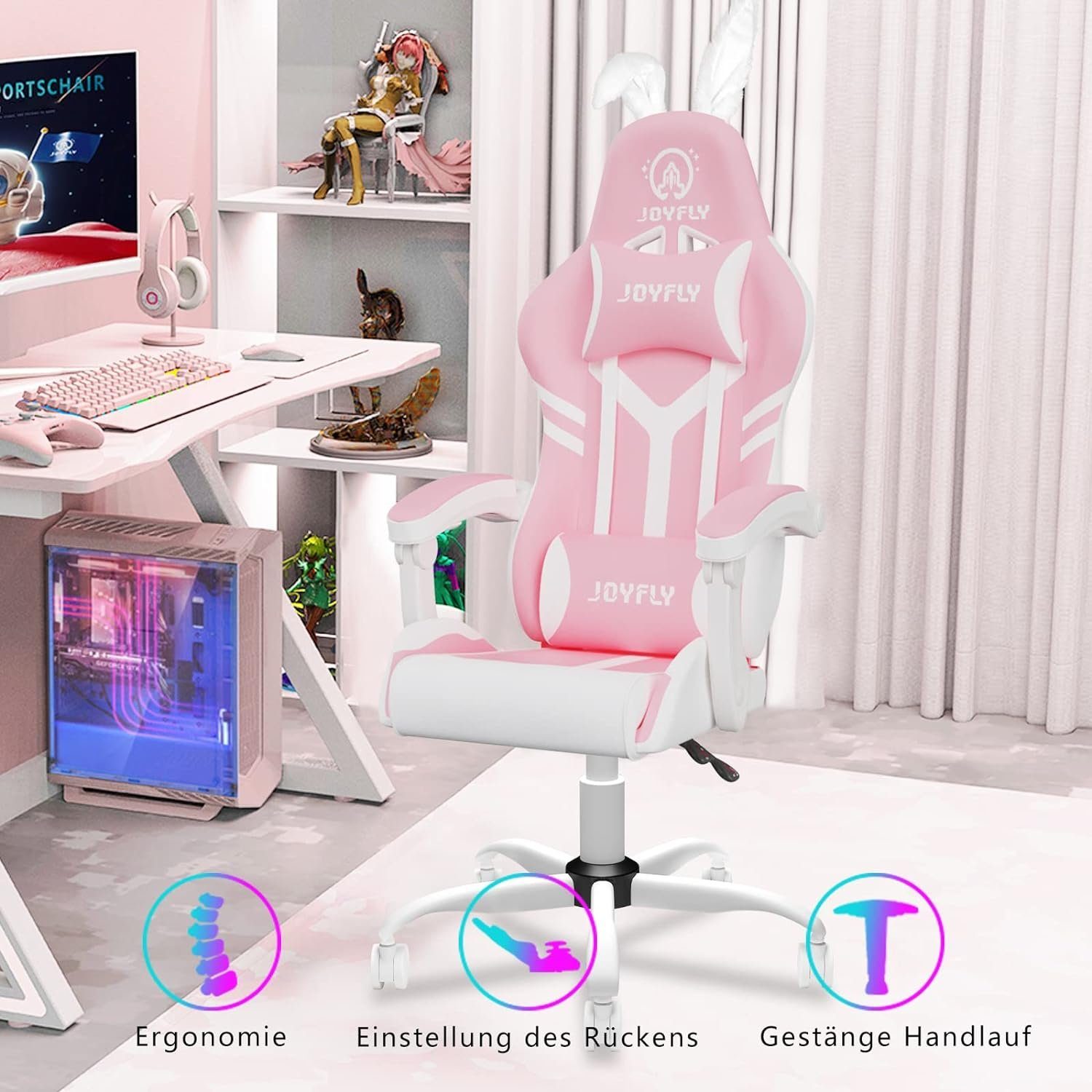 JUNG Gaming-Stuhl JOYFLY Gaming Stuhl Bürostuhl Ergonomisch, Lendenkissen verstellbar (210kg Belastbar, Zockerstuhl, Zocker, Sessel Gaming, 1 St), Pc Sessel, Computerstuhl, Computer Stuhl, Zockersessel
