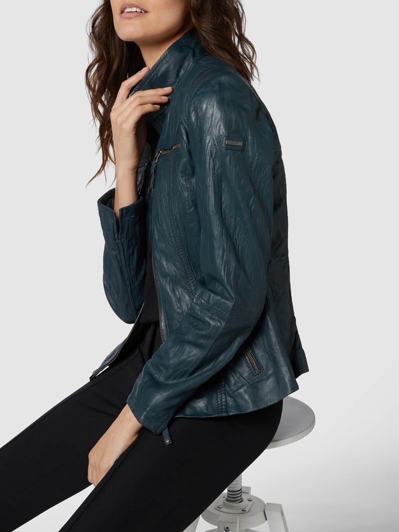 Lederjacke mit Crinkle-Effekt in marineblau