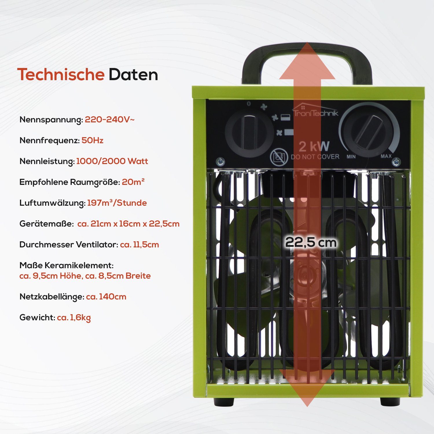 TroniTechnik Heizlüfter Industrieheizung, Heizgerät, Schnellheizer TT-EIH-152,Stahlheizelement, 2000 W, zwei Heizstufen, Überhitzungsschutz und Abschaltautomatik, Thermostat