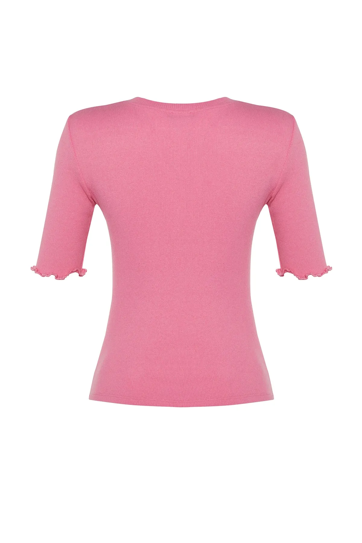 Trendyol Collection  Rosafarbene, gerippte, taillierte, dehnbare Strickbluse mit Rundhalsausschnitt TWOSS23BZ00025